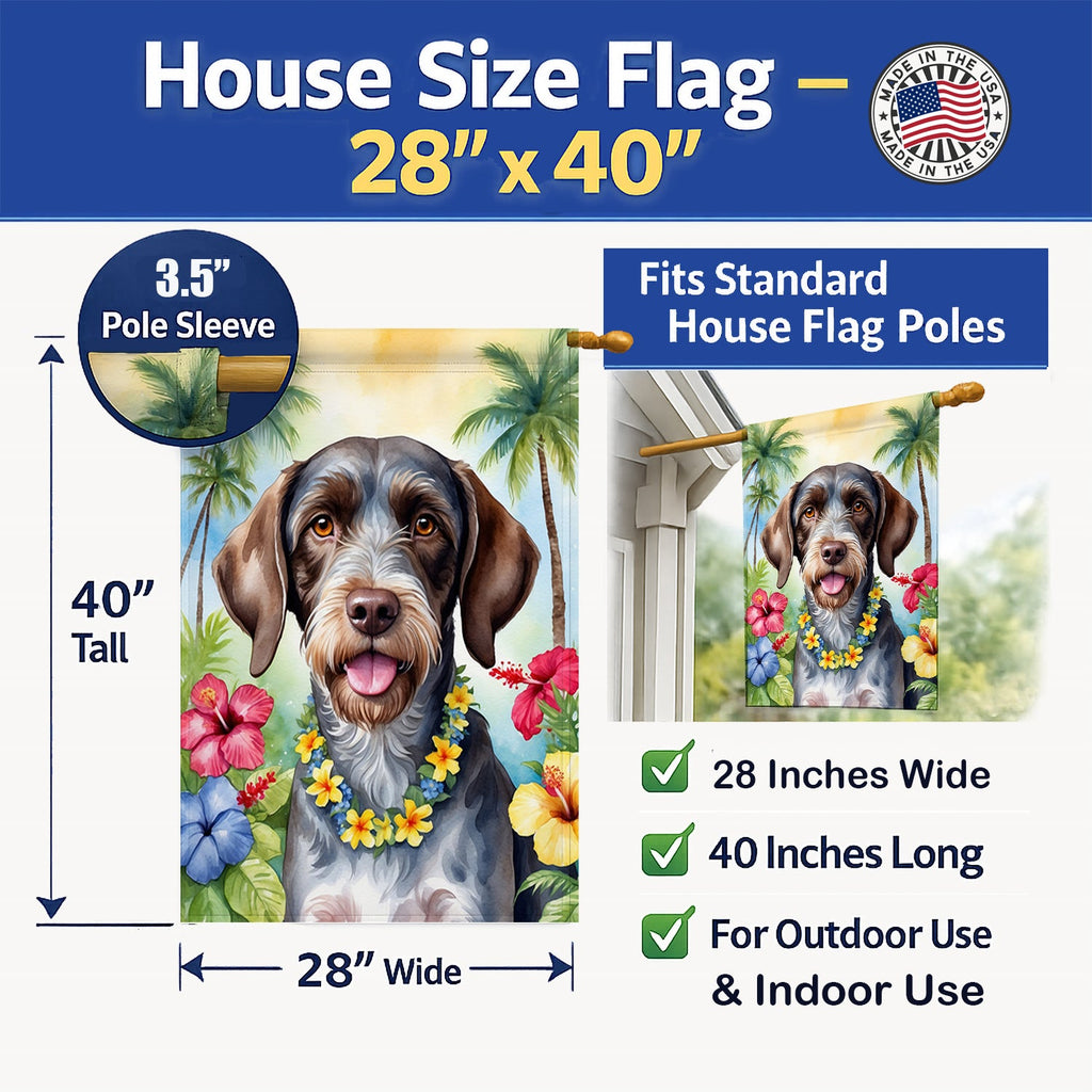 German Wirehaired Pointer Luau House Flag 28x40 Porch Sleeve Pole Decorative Outside Yard Banner Artwork Wall Hanging, Polyester