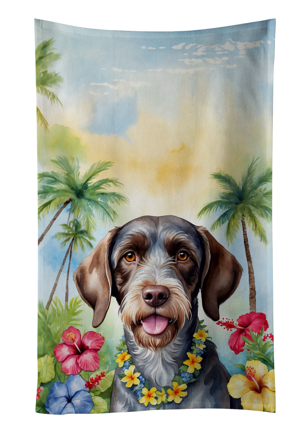 German Wirehaired Pointer Luau Kitchen Towel Velour Plush Front and Cotton Loop Back Machine Washable