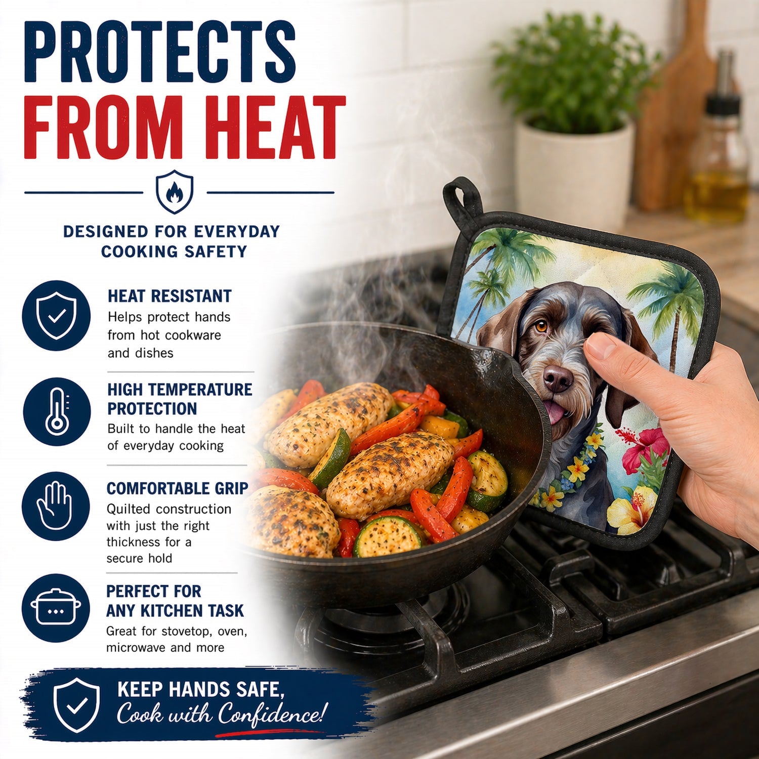 German Wirehaired Pointer Luau Pot Holder Set of 2 Heat Resistant Quilted Hot Pads 7.5 x 7.5 Inch, Insulated Kitchen Trivets for Cooking & Baking