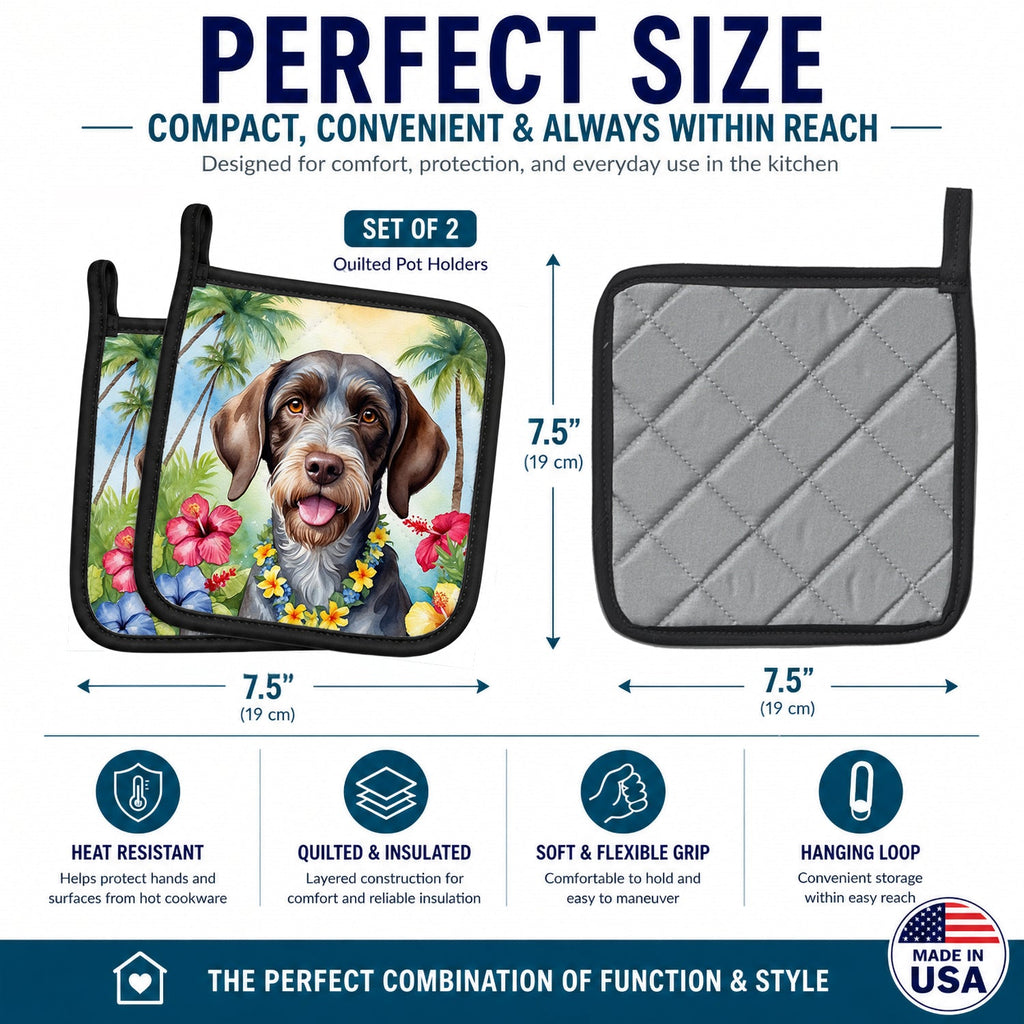 German Wirehaired Pointer Luau Pot Holder Set of 2 Heat Resistant Quilted Hot Pads 7.5 x 7.5 Inch, Insulated Kitchen Trivets for Cooking & Baking