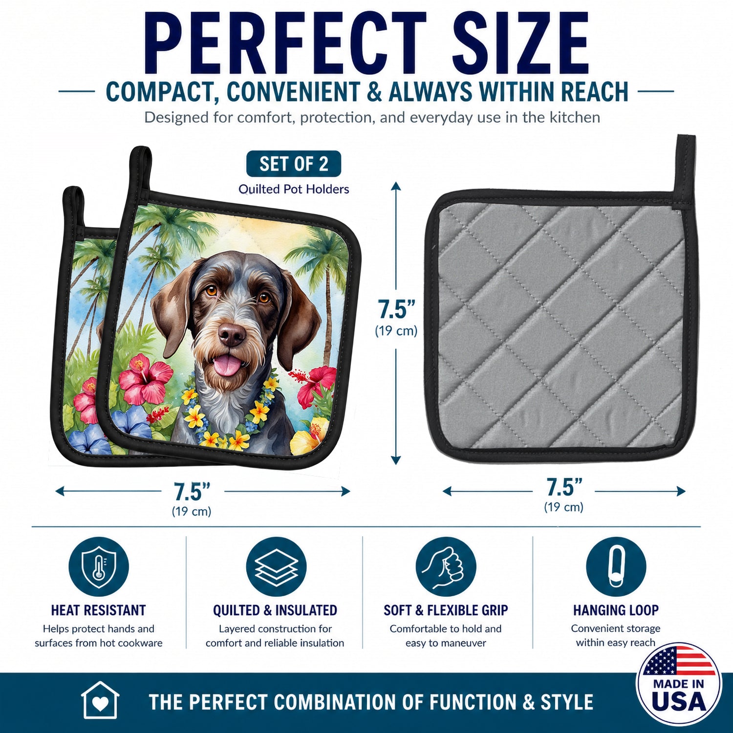 German Wirehaired Pointer Luau Pot Holder Set of 2 Heat Resistant Quilted Hot Pads 7.5 x 7.5 Inch, Insulated Kitchen Trivets for Cooking & Baking