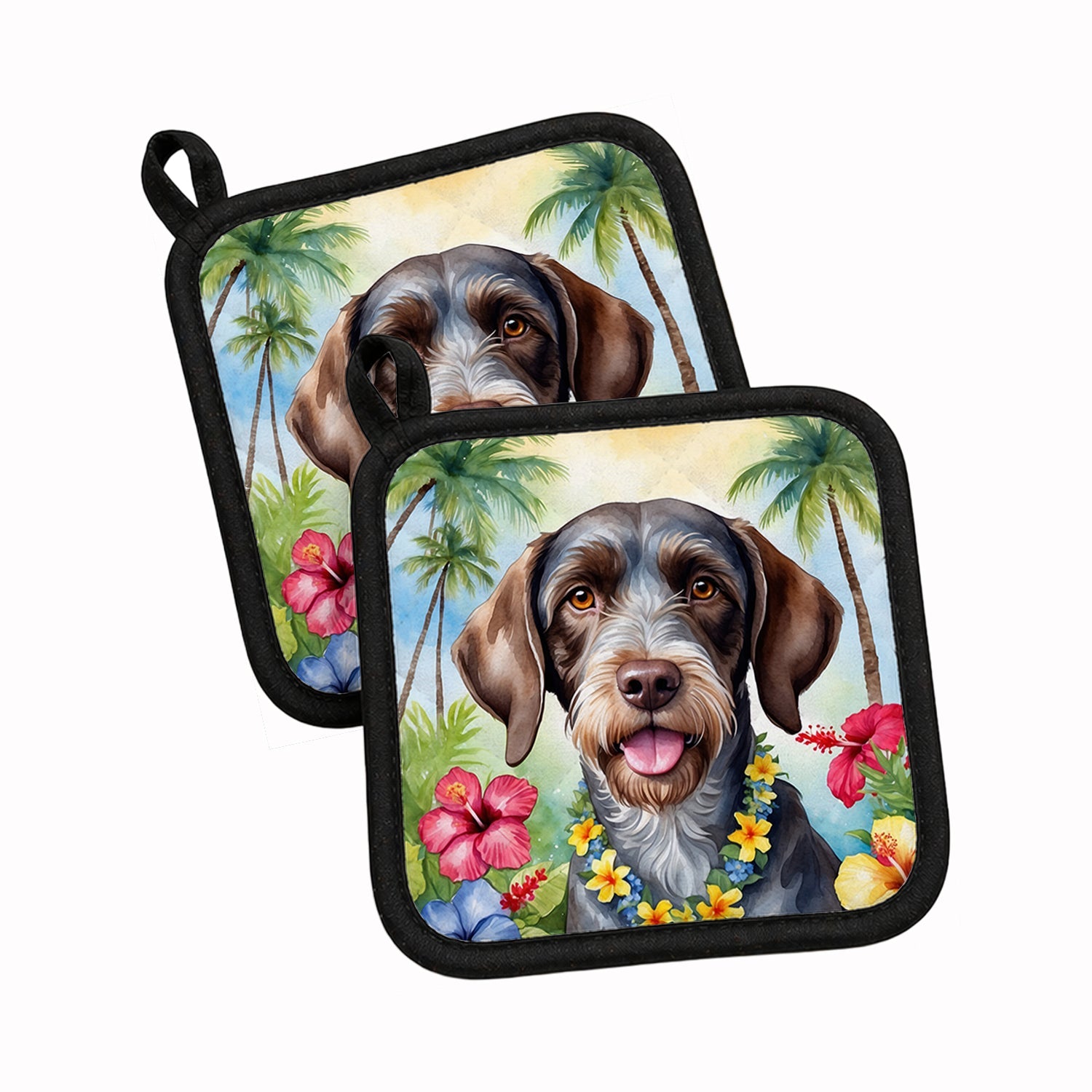 German Wirehaired Pointer Luau Pot Holder Set of 2 Heat Resistant Quilted Hot Pads 7.5 x 7.5 Inch, Insulated Kitchen Trivets for Cooking & Baking