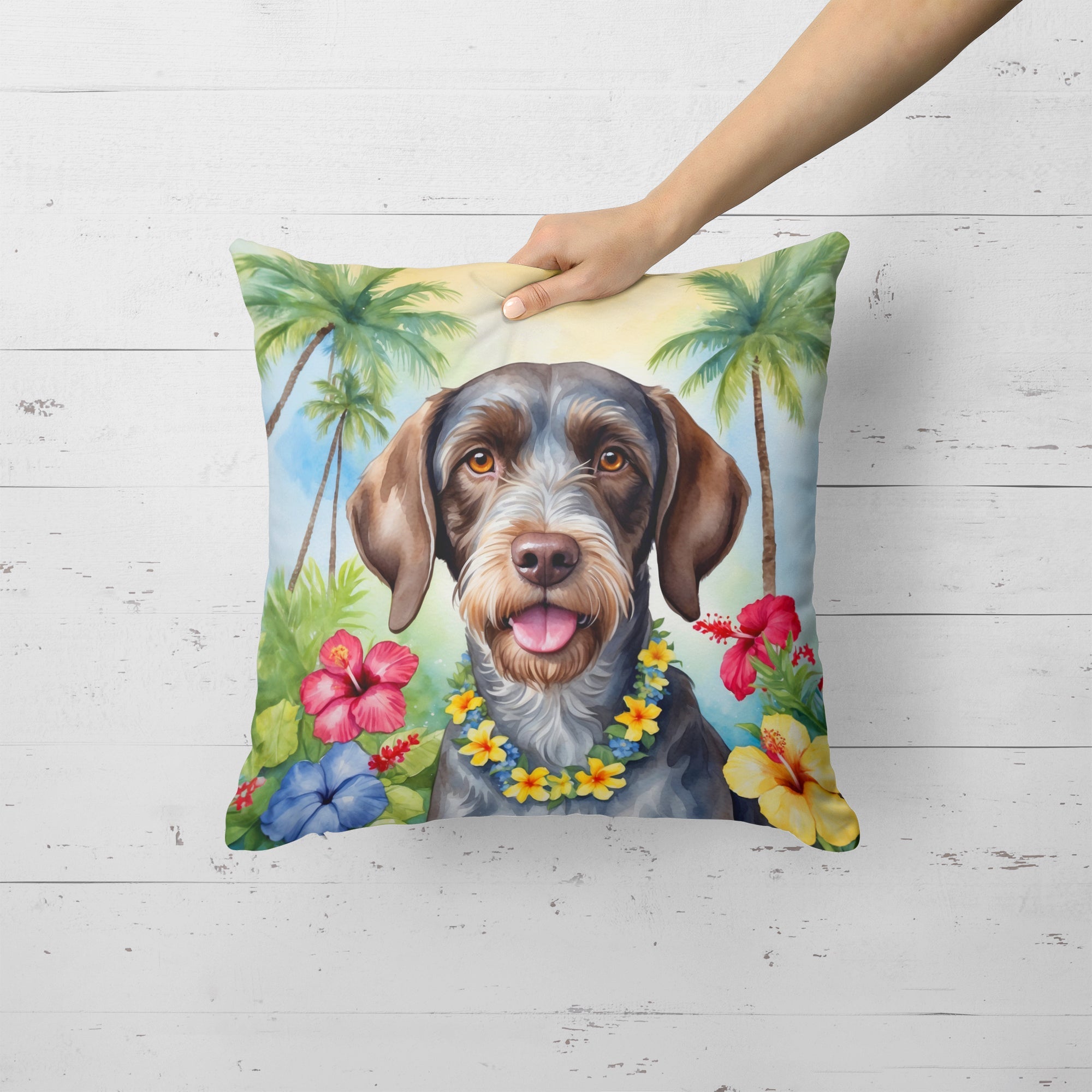 German Wirehaired Pointer Luau Decorative Throw Pillow 18x18 Indoor Outdoor Accent Cushion, Fabric Cover with Insert for Sofa, Bed, Porch & Living Room