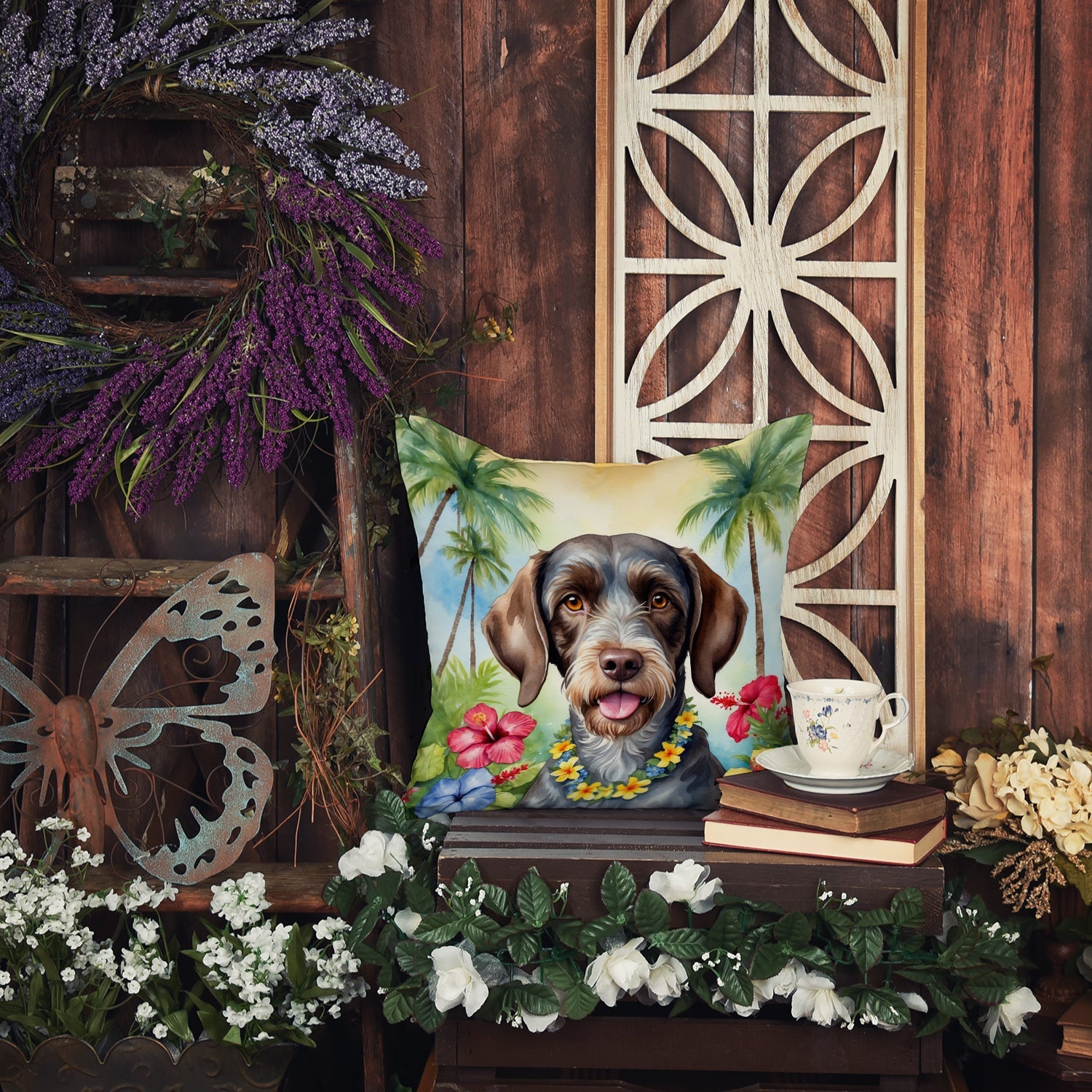 German Wirehaired Pointer Luau Decorative Throw Pillow 18x18 Indoor Outdoor Accent Cushion, Fabric Cover with Insert for Sofa, Bed, Porch & Living Room
