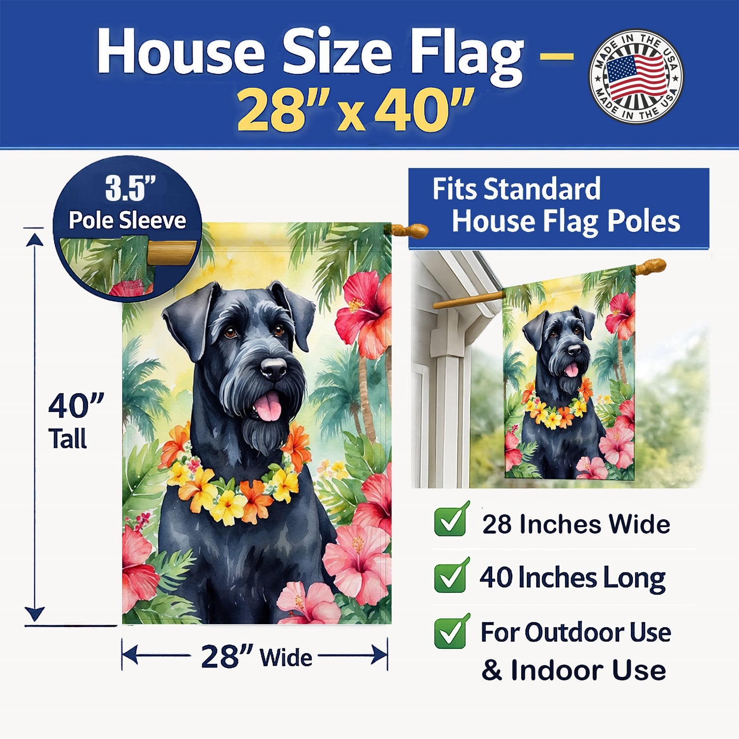 Giant Schnauzer Luau House Flag 28x40 Porch Sleeve Pole Decorative Outside Yard Banner Artwork Wall Hanging, Polyester