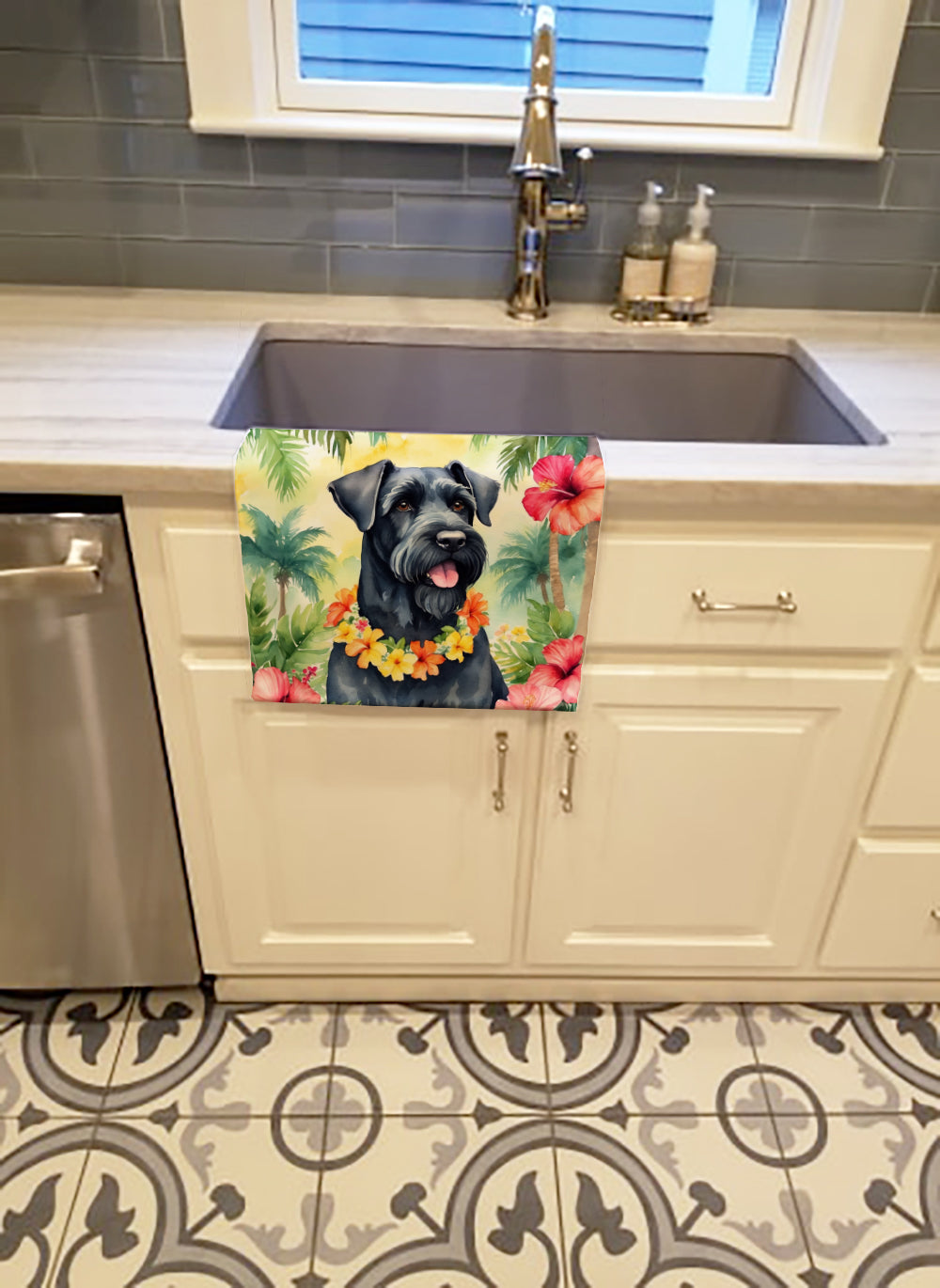 Giant Schnauzer Luau Kitchen Towel Velour Plush Front and Cotton Loop Back Machine Washable