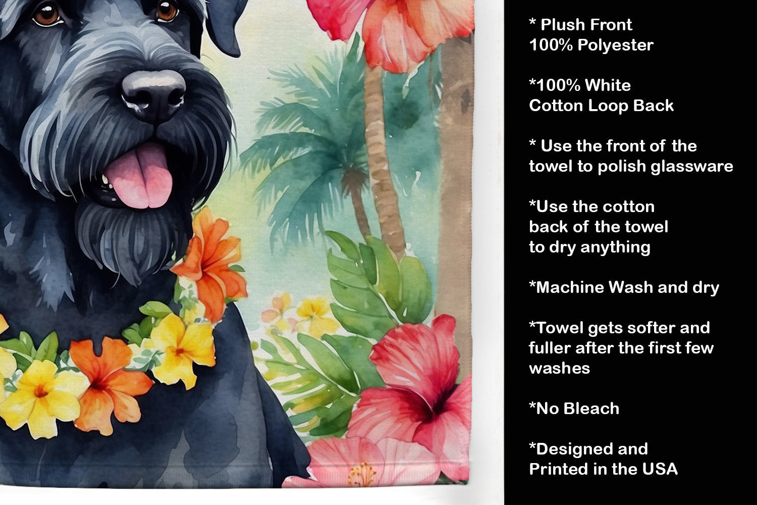 Giant Schnauzer Luau Kitchen Towel Velour Plush Front and Cotton Loop Back Machine Washable