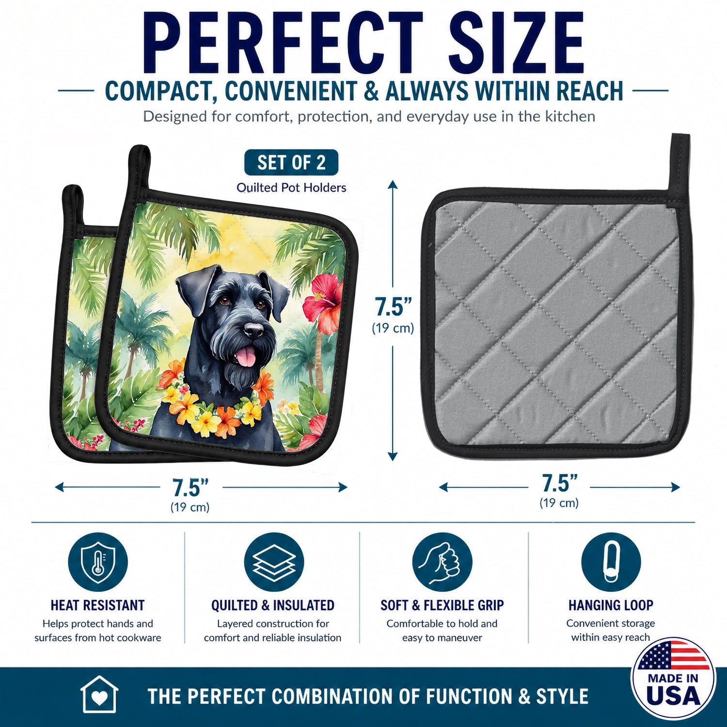 Giant Schnauzer Luau Pot Holder Set of 2 Heat Resistant Quilted Hot Pads 7.5 x 7.5 Inch, Insulated Kitchen Trivets for Cooking & Baking