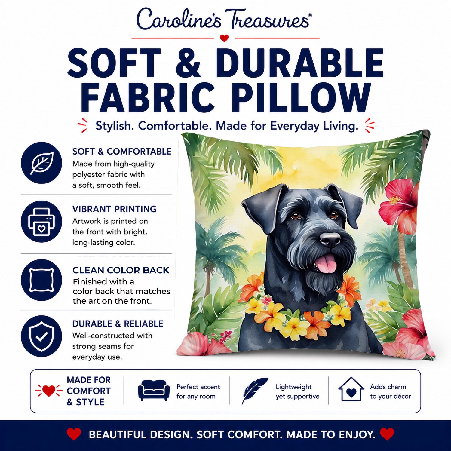 Giant Schnauzer Luau Decorative Throw Pillow 14x14 Indoor Outdoor Accent Cushion, Fabric Cover with Insert for Sofa, Bed, Porch & Living Room