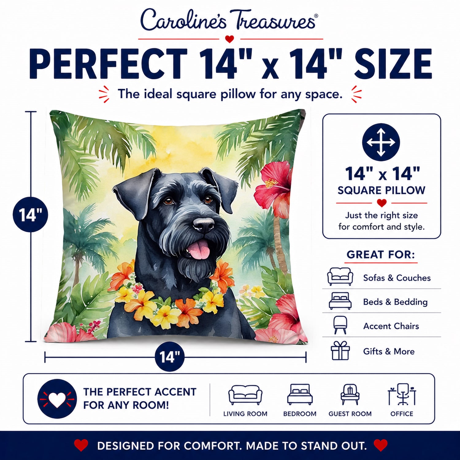 Giant Schnauzer Luau Decorative Throw Pillow 14x14 Indoor Outdoor Accent Cushion, Fabric Cover with Insert for Sofa, Bed, Porch & Living Room