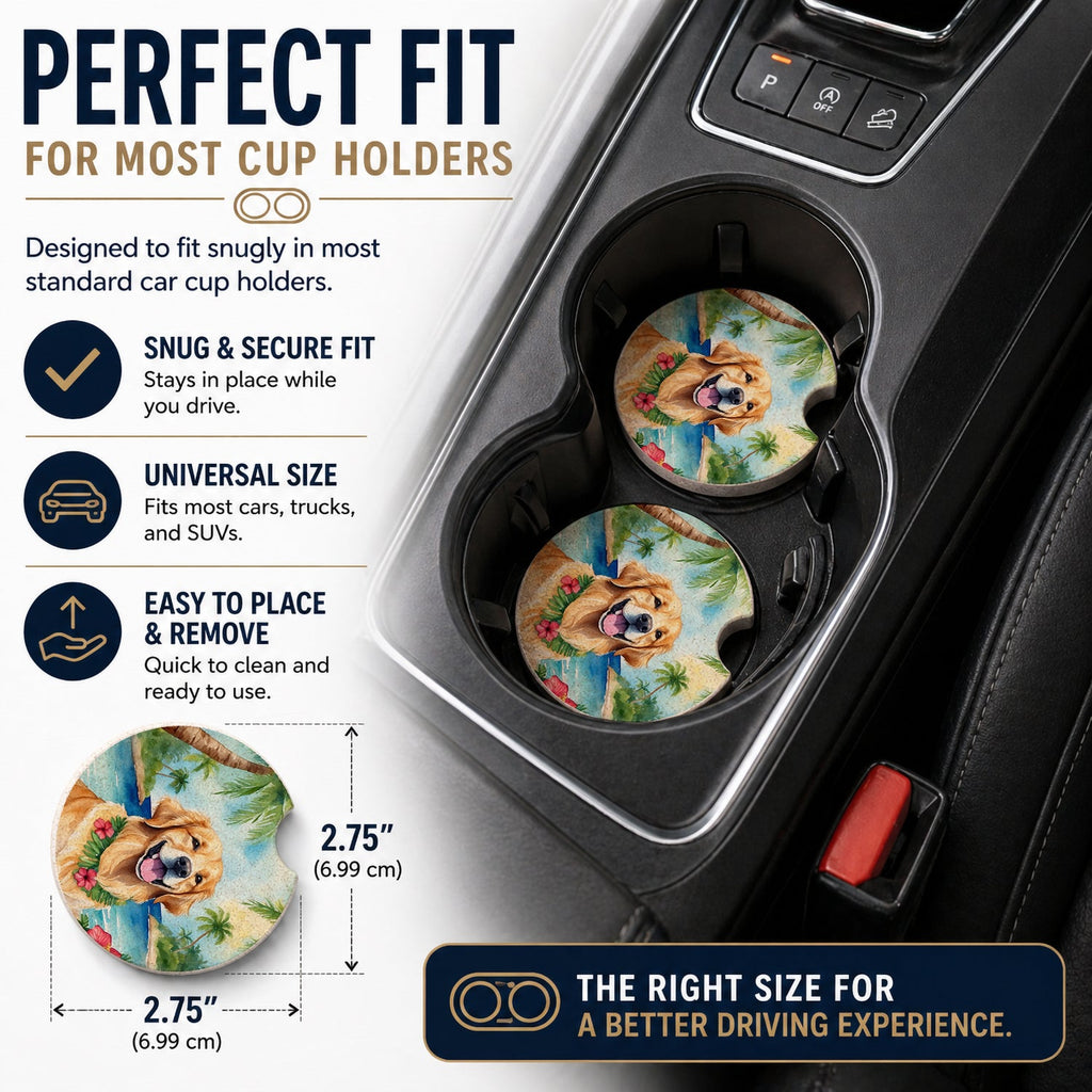 Golden Retriever Luau Set of 2 Cup Holder Car Coasters Absorbent Round Sandstone Coasters Gifts for Men or Women, 2.5, Multicolor