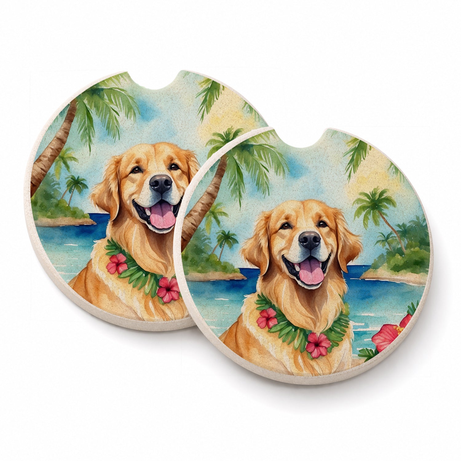 Golden Retriever Luau Set of 2 Cup Holder Car Coasters Absorbent Round Sandstone Coasters Gifts for Men or Women, 2.5, Multicolor