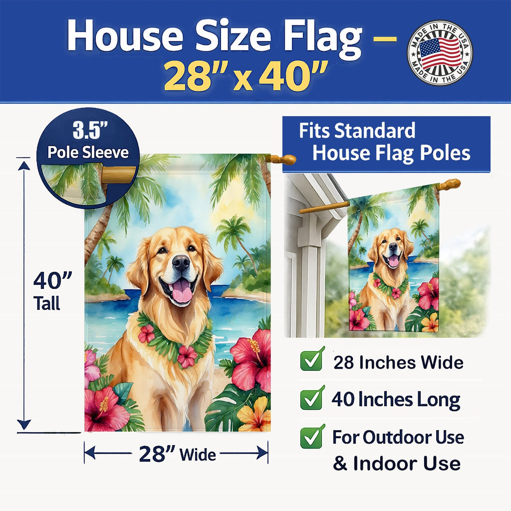 Golden Retriever Luau House Flag 28x40 Porch Sleeve Pole Decorative Outside Yard Banner Artwork Wall Hanging, Polyester