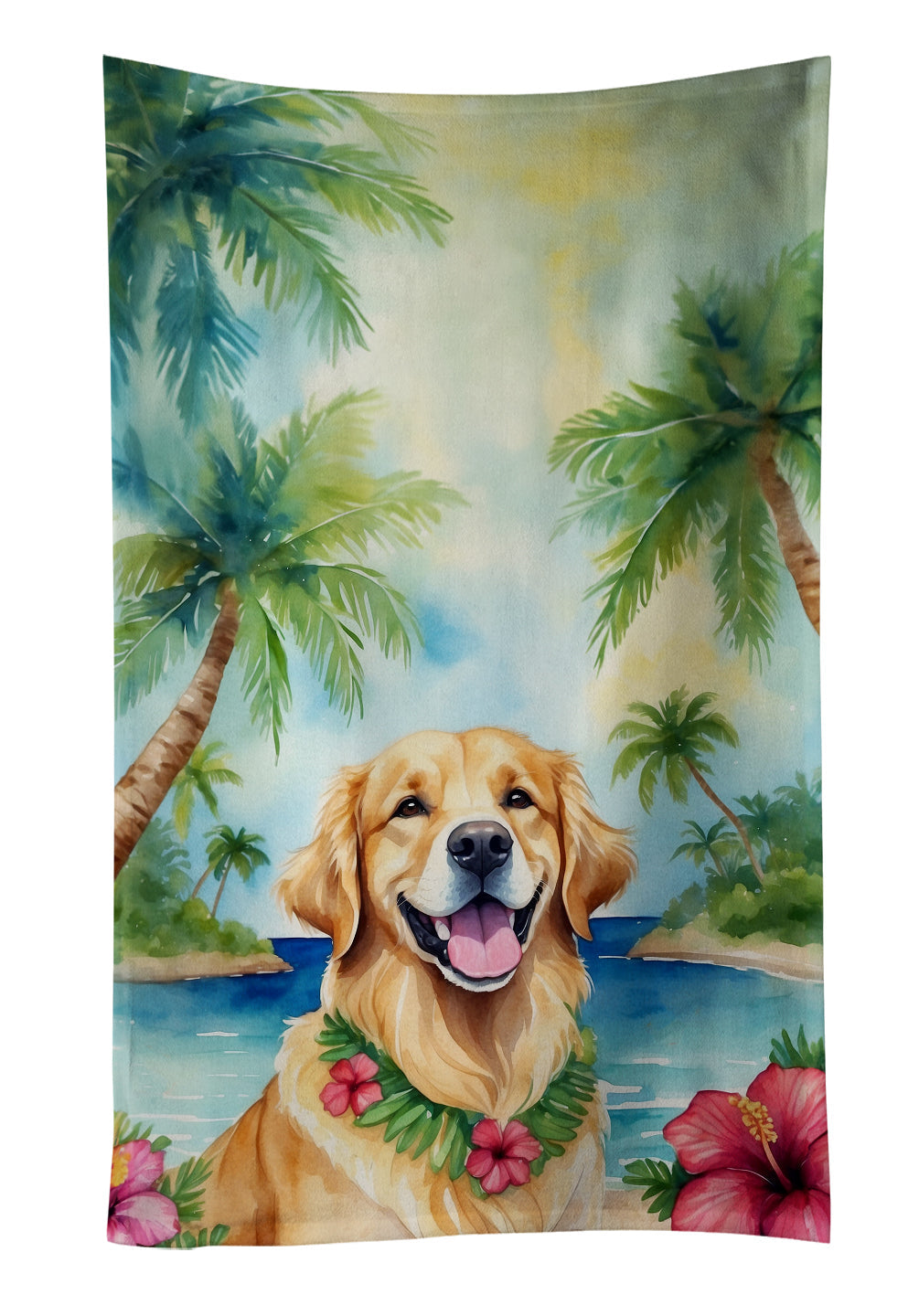 Golden Retriever Luau Kitchen Towel Velour Plush Front and Cotton Loop Back Machine Washable