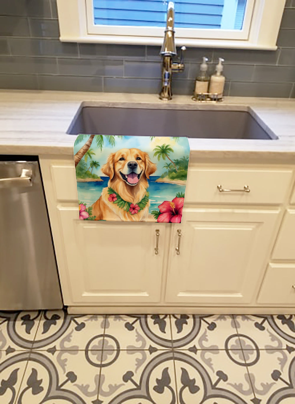 Golden Retriever Luau Kitchen Towel Velour Plush Front and Cotton Loop Back Machine Washable