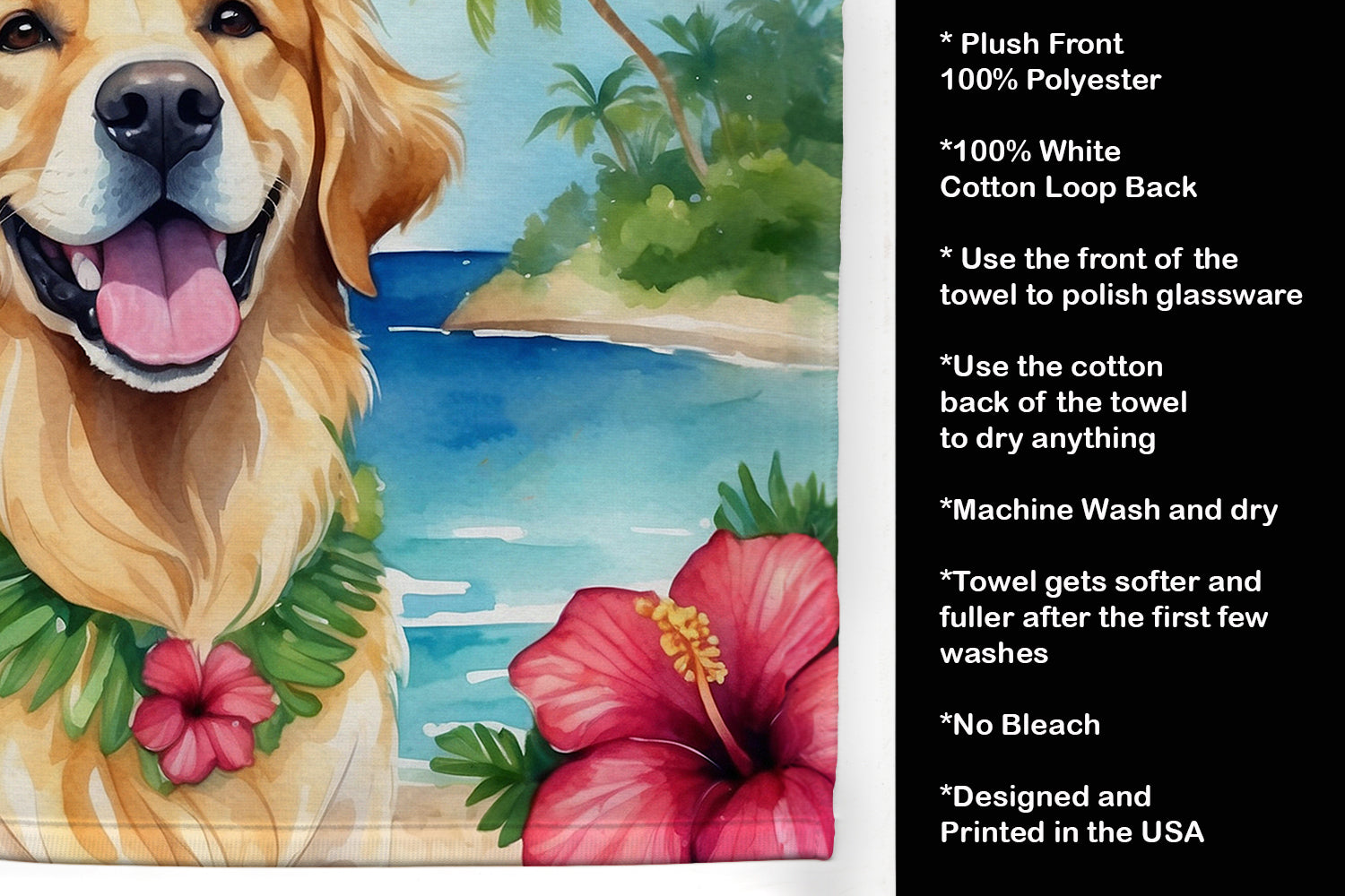 Golden Retriever Luau Kitchen Towel Velour Plush Front and Cotton Loop Back Machine Washable
