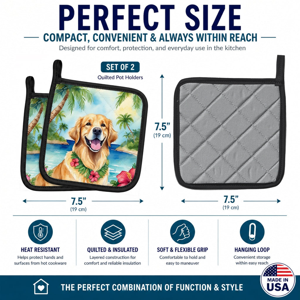 Golden Retriever Luau Pot Holder Set of 2 Heat Resistant Quilted Hot Pads 7.5 x 7.5 Inch, Insulated Kitchen Trivets for Cooking & Baking