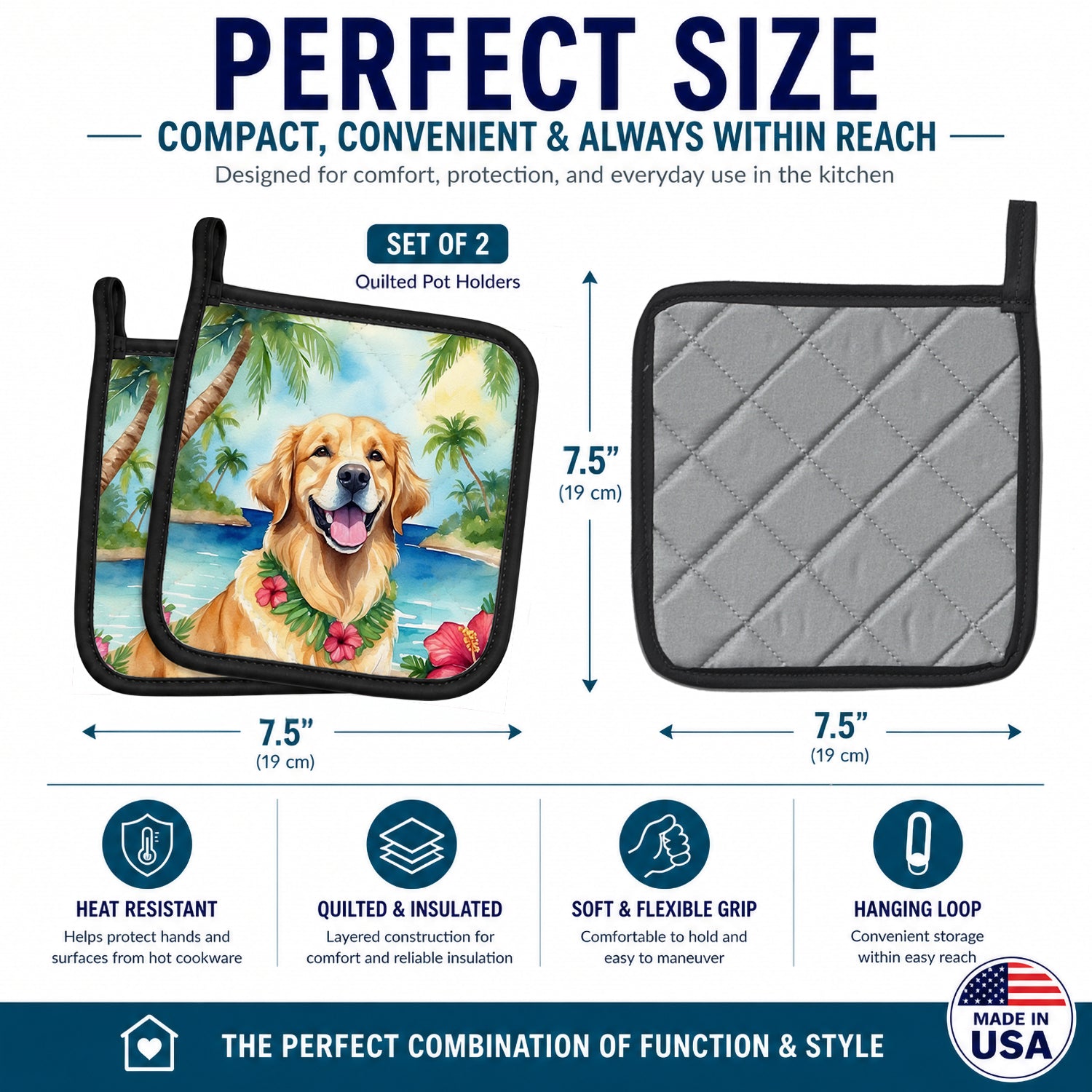 Golden Retriever Luau Pot Holder Set of 2 Heat Resistant Quilted Hot Pads 7.5 x 7.5 Inch, Insulated Kitchen Trivets for Cooking & Baking