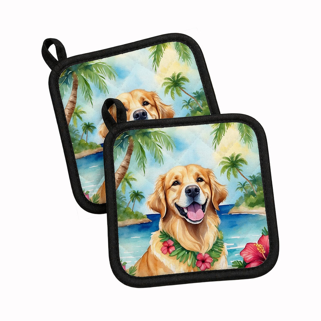 Golden Retriever Luau Pot Holder Set of 2 Heat Resistant Quilted Hot Pads 7.5 x 7.5 Inch, Insulated Kitchen Trivets for Cooking & Baking