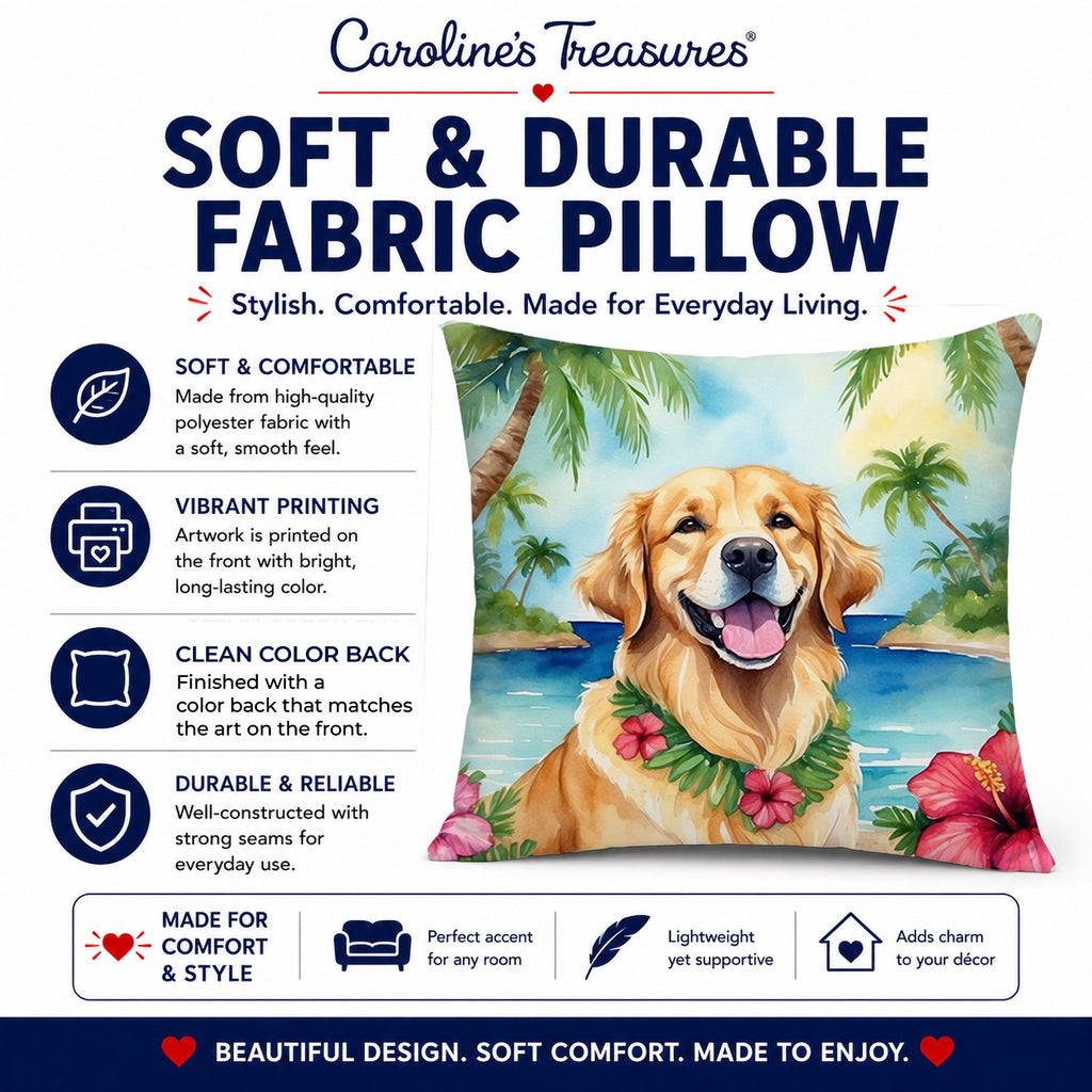 Golden Retriever Luau Decorative Throw Pillow 14x14 Indoor Outdoor Accent Cushion, Fabric Cover with Insert for Sofa, Bed, Porch & Living Room
