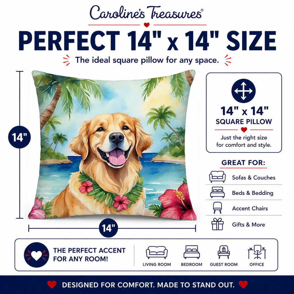 Golden Retriever Luau Decorative Throw Pillow 14x14 Indoor Outdoor Accent Cushion, Fabric Cover with Insert for Sofa, Bed, Porch & Living Room
