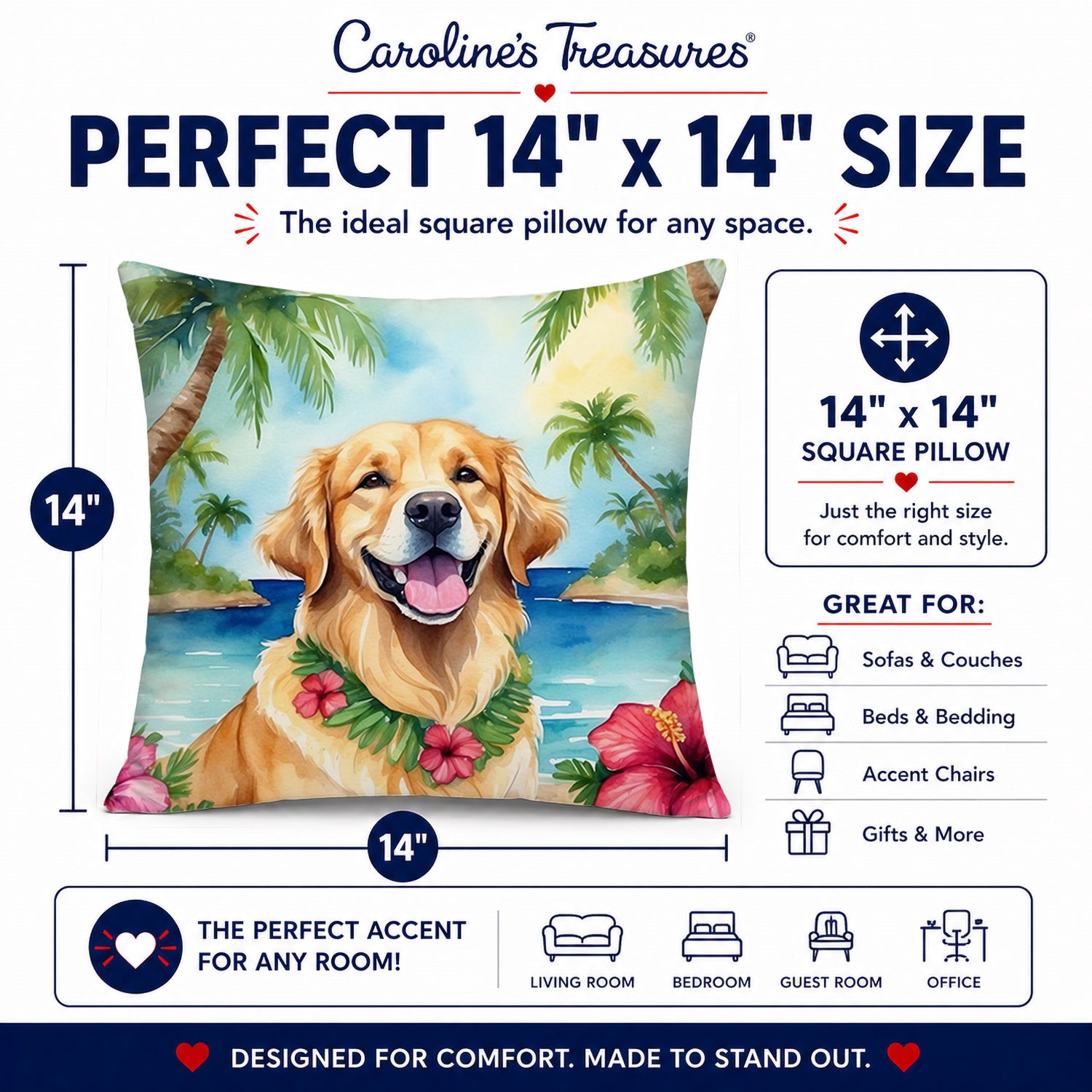 Golden Retriever Luau Decorative Throw Pillow 14x14 Indoor Outdoor Accent Cushion, Fabric Cover with Insert for Sofa, Bed, Porch & Living Room