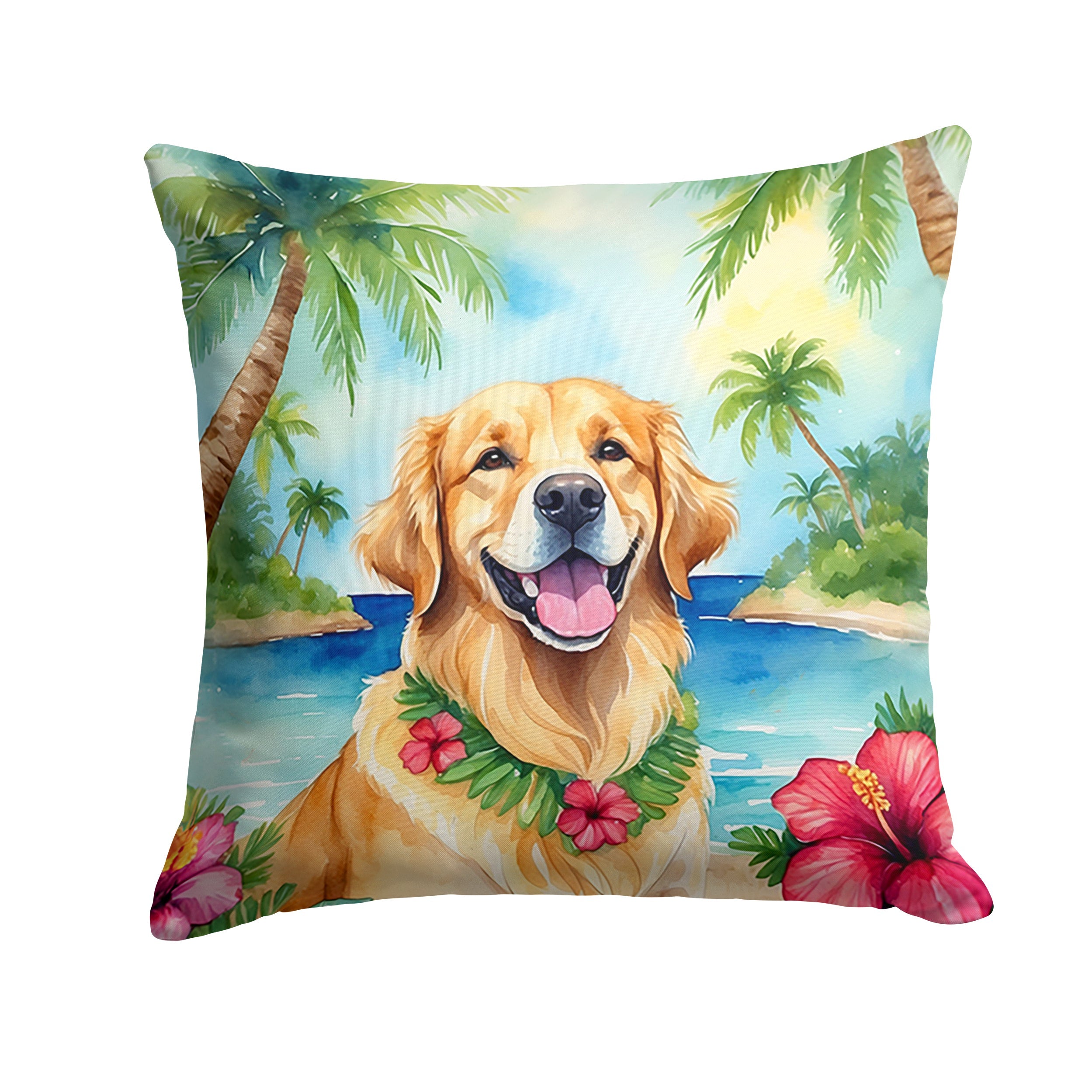Golden Retriever Luau Decorative Throw Pillow 18x18 Indoor Outdoor Accent Cushion, Fabric Cover with Insert for Sofa, Bed, Porch & Living Room