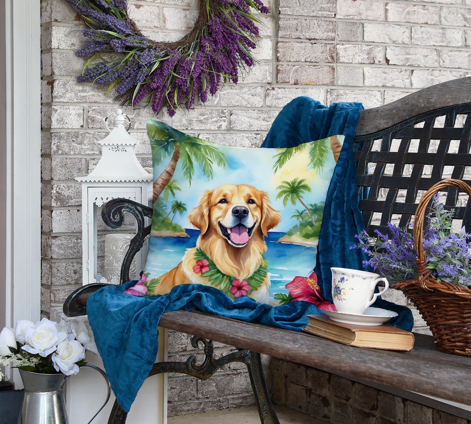 Golden Retriever Luau Decorative Throw Pillow 18x18 Indoor Outdoor Accent Cushion, Fabric Cover with Insert for Sofa, Bed, Porch & Living Room