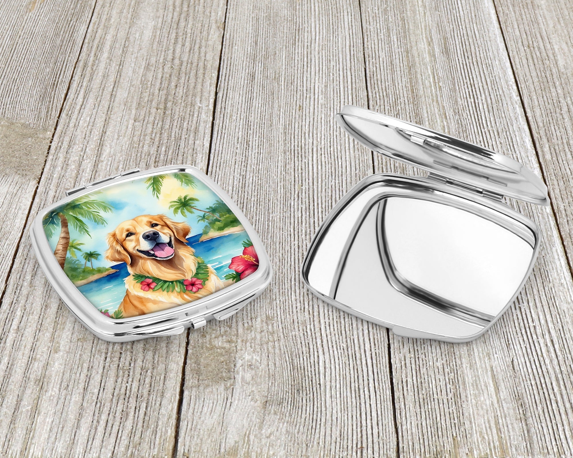 Golden Retriever Luau Compact Mirror Decorative Travel Makeup Mirror for Women Girls Gifts Pocket Makeup Mirror Folding Handheld