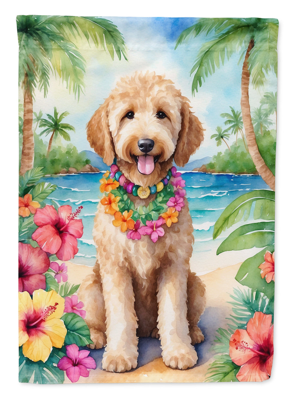 Goldendoodle Luau House Flag 28x40 Porch Sleeve Pole Decorative Outside Yard Banner Artwork Wall Hanging, Polyester