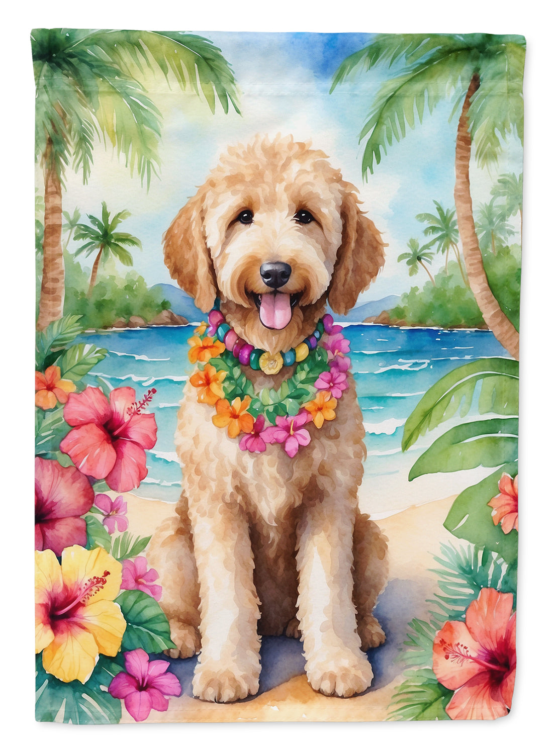 Goldendoodle Luau House Flag 28x40 Porch Sleeve Pole Decorative Outside Yard Banner Artwork Wall Hanging, Polyester