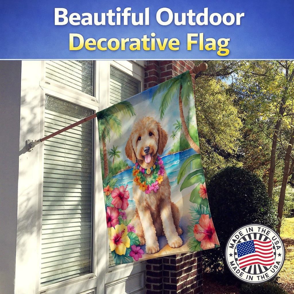 Goldendoodle Luau House Flag 28x40 Porch Sleeve Pole Decorative Outside Yard Banner Artwork Wall Hanging, Polyester