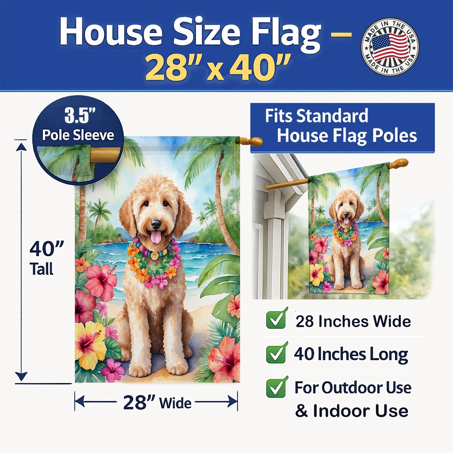 Goldendoodle Luau House Flag 28x40 Porch Sleeve Pole Decorative Outside Yard Banner Artwork Wall Hanging, Polyester
