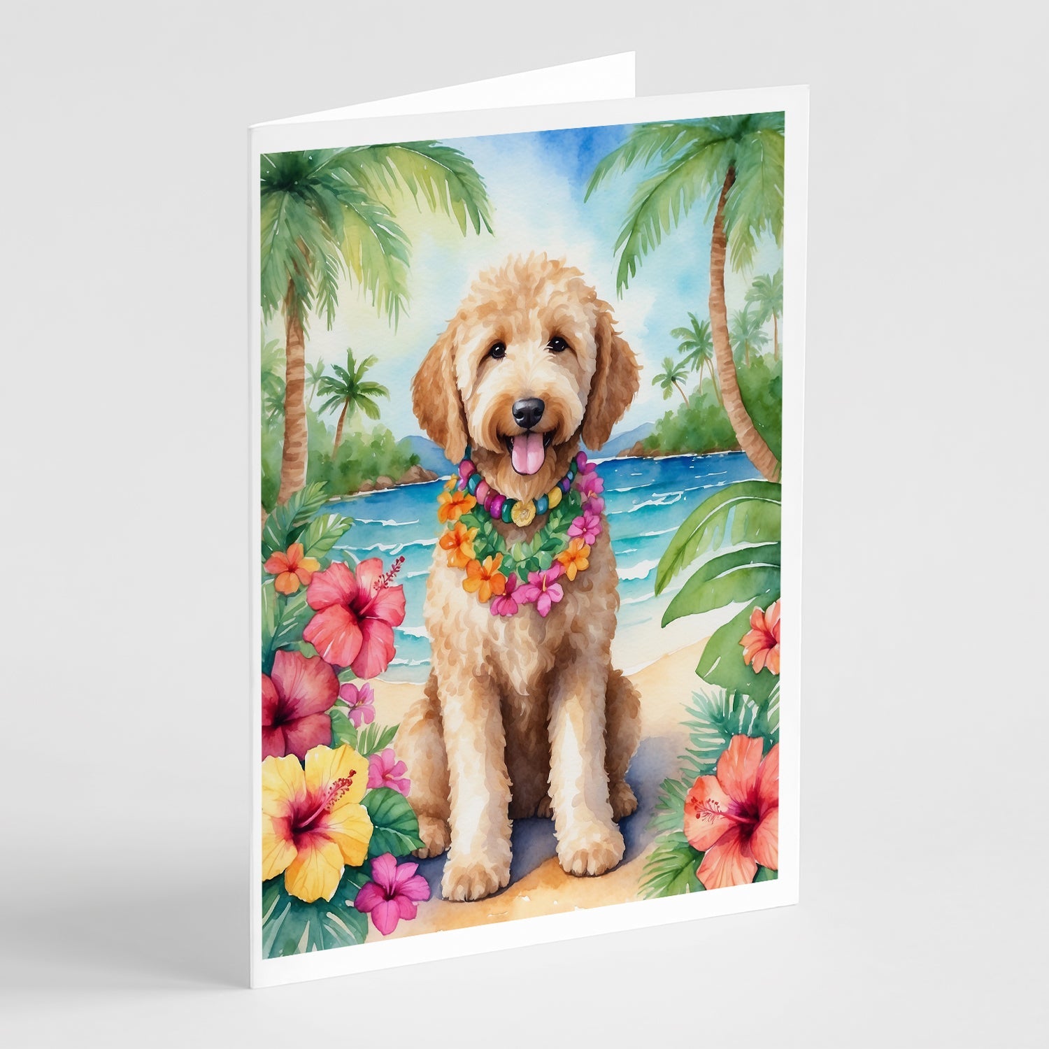 Goldendoodle Luau Greeting Cards Pack of 8 Blank Cards with Envelopes Whimsical A7 Size 5x7