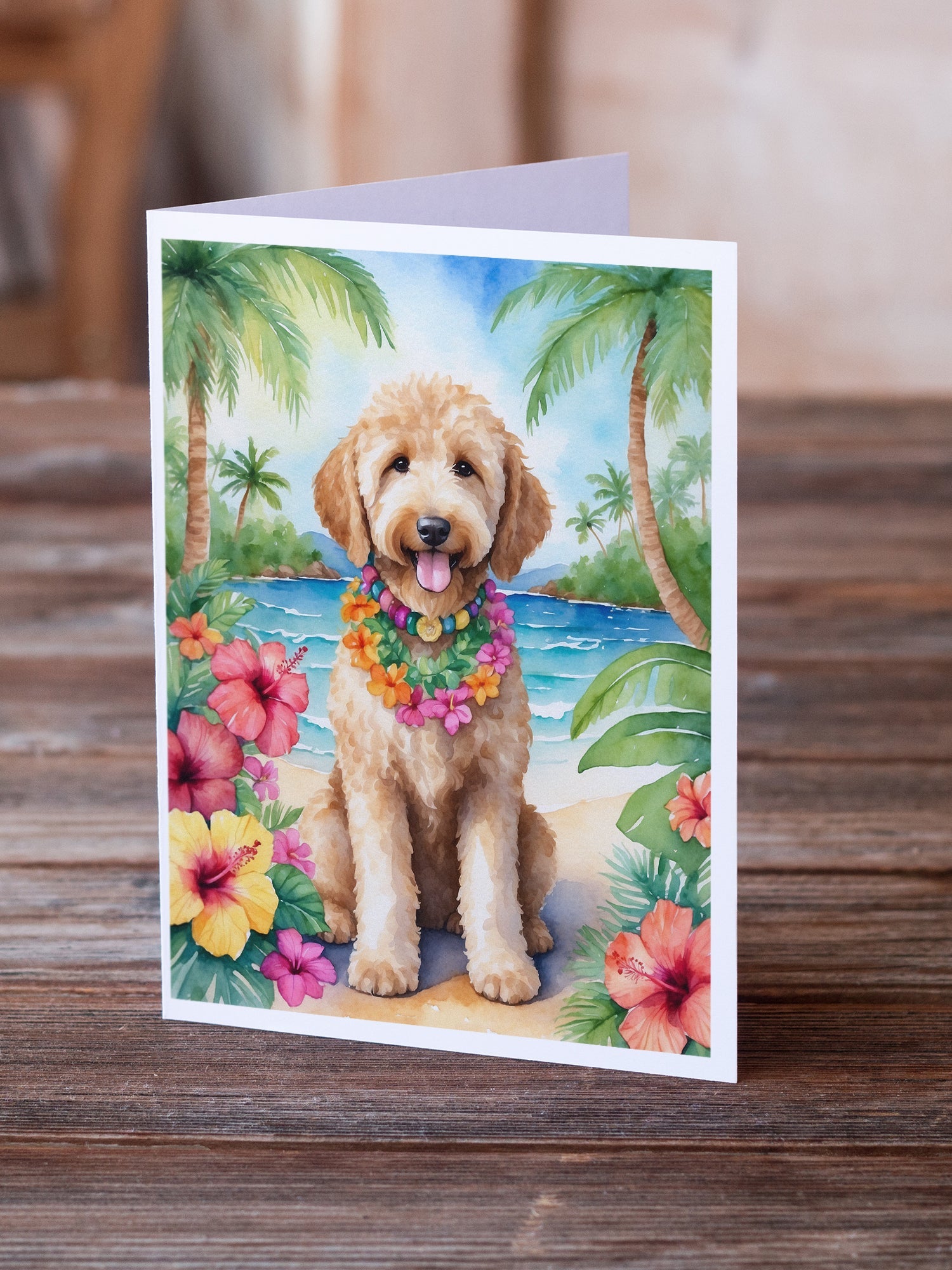 Goldendoodle Luau Greeting Cards Pack of 8 Blank Cards with Envelopes Whimsical A7 Size 5x7