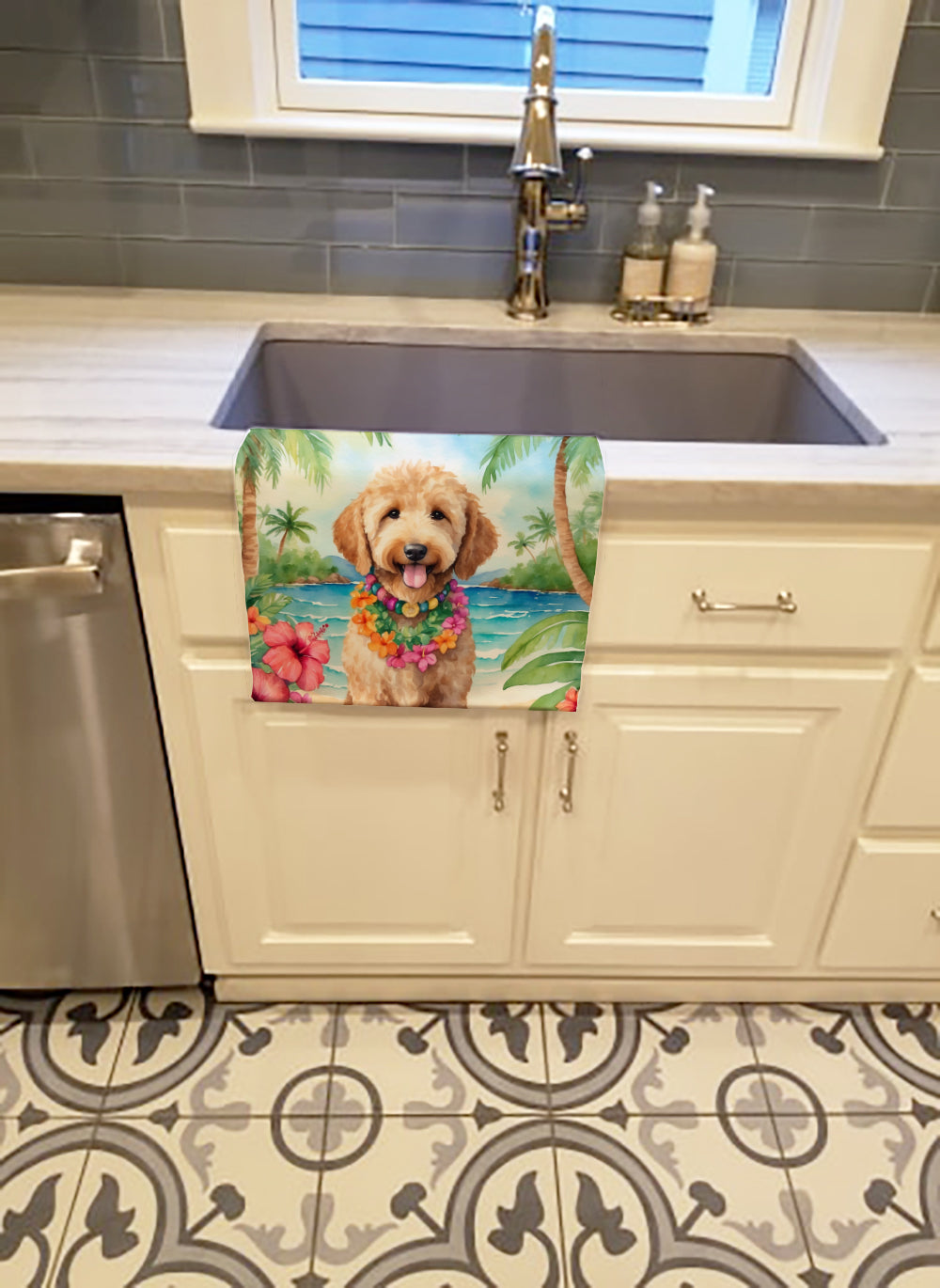 Goldendoodle Luau Kitchen Towel Velour Plush Front and Cotton Loop Back Machine Washable