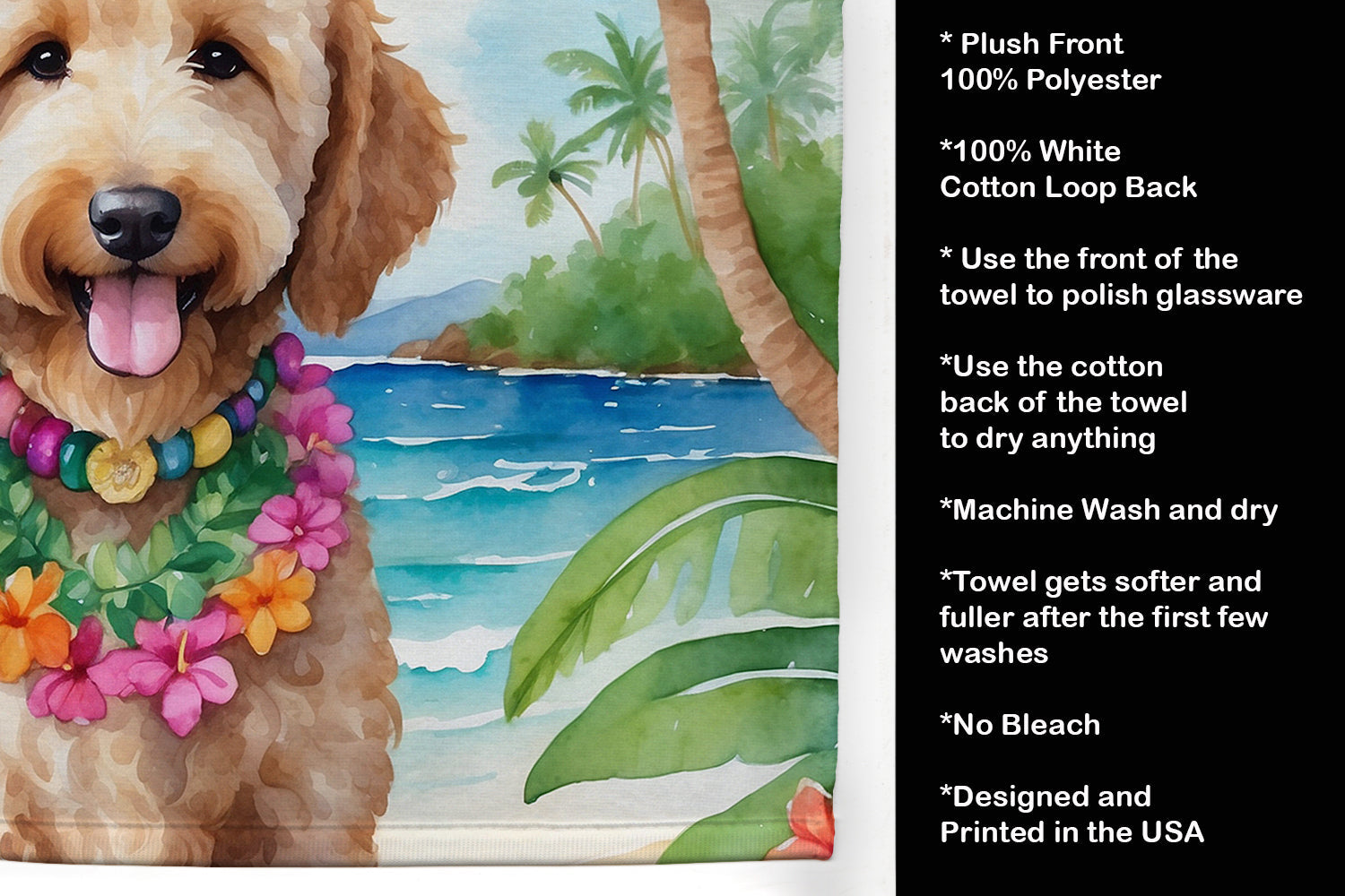 Goldendoodle Luau Kitchen Towel Velour Plush Front and Cotton Loop Back Machine Washable