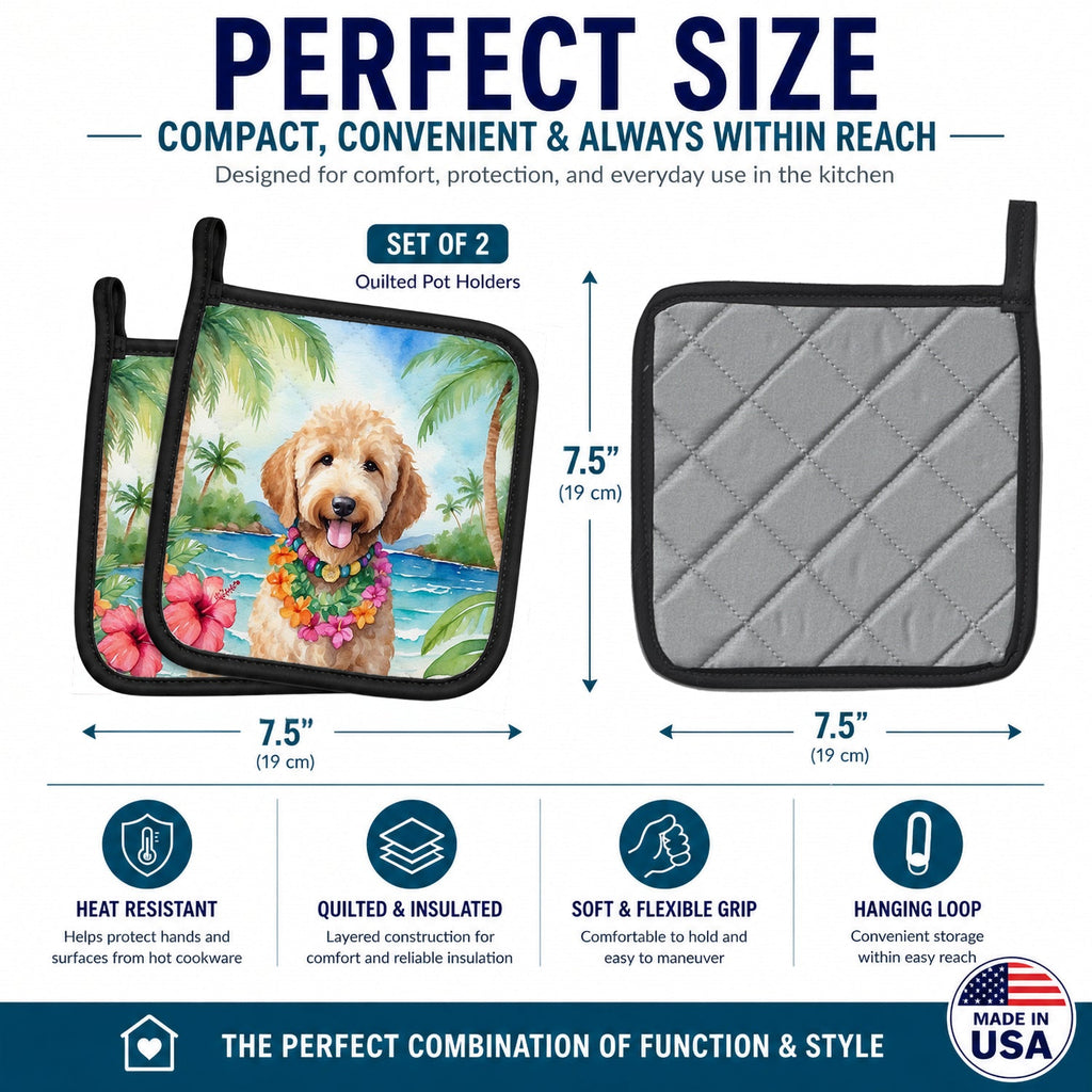 Goldendoodle Luau Pot Holder Set of 2 Heat Resistant Quilted Hot Pads 7.5 x 7.5 Inch, Insulated Kitchen Trivets for Cooking & Baking