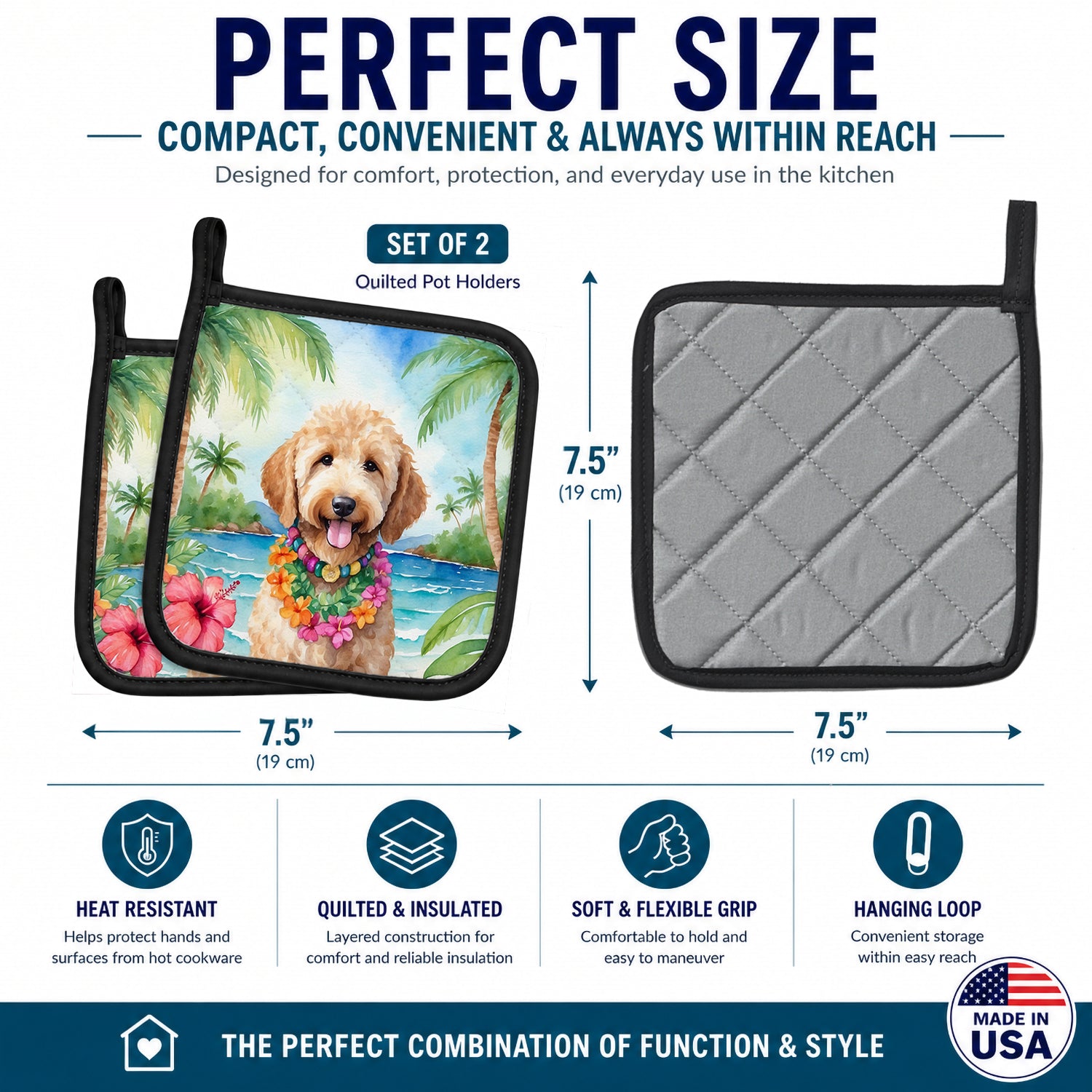 Goldendoodle Luau Pot Holder Set of 2 Heat Resistant Quilted Hot Pads 7.5 x 7.5 Inch, Insulated Kitchen Trivets for Cooking & Baking