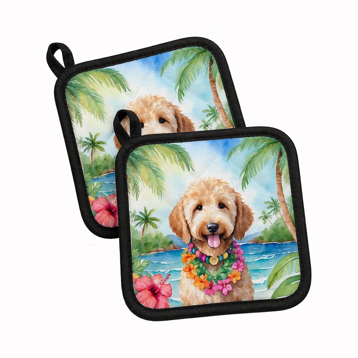 Goldendoodle Luau Pot Holder Set of 2 Heat Resistant Quilted Hot Pads 7.5 x 7.5 Inch, Insulated Kitchen Trivets for Cooking & Baking