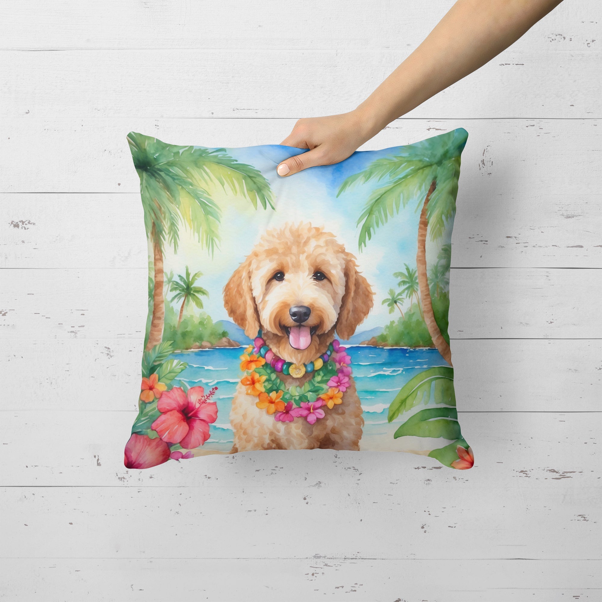 Goldendoodle Luau Decorative Throw Pillow 18x18 Indoor Outdoor Accent Cushion, Fabric Cover with Insert for Sofa, Bed, Porch & Living Room