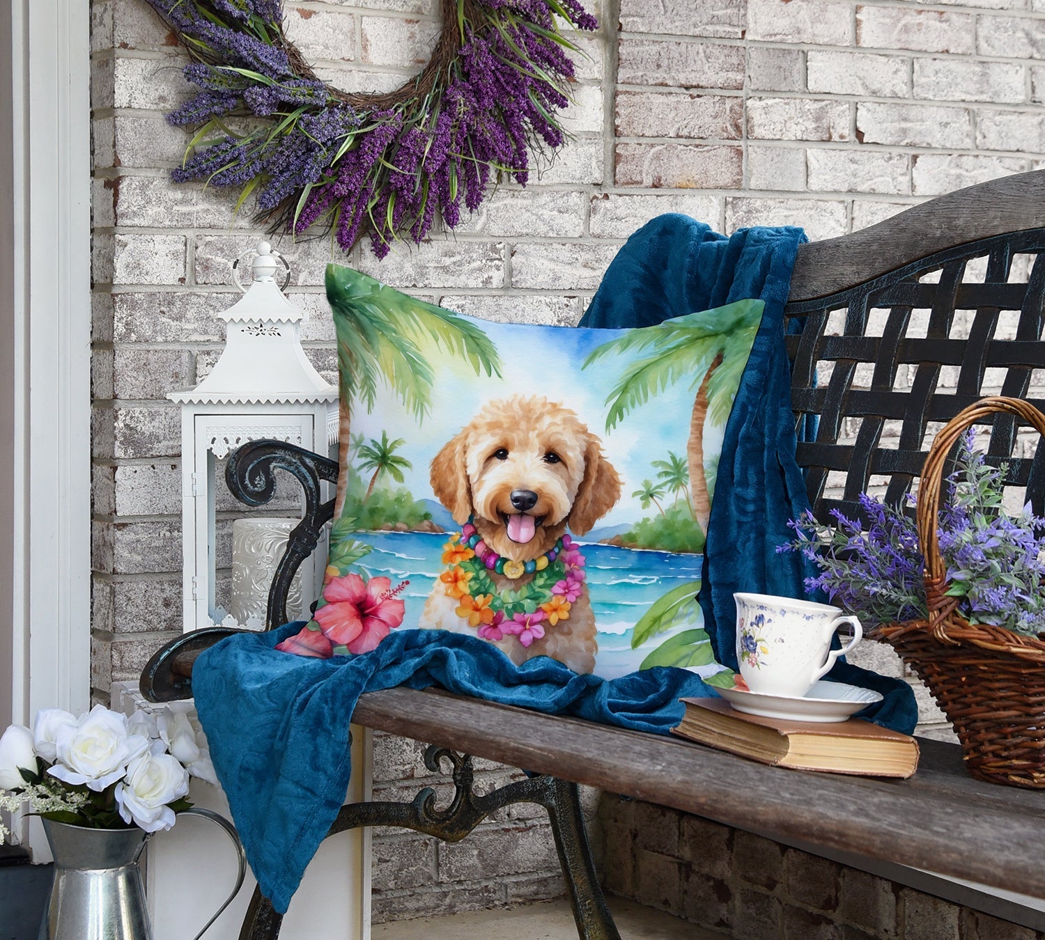Goldendoodle Luau Decorative Throw Pillow 18x18 Indoor Outdoor Accent Cushion, Fabric Cover with Insert for Sofa, Bed, Porch & Living Room