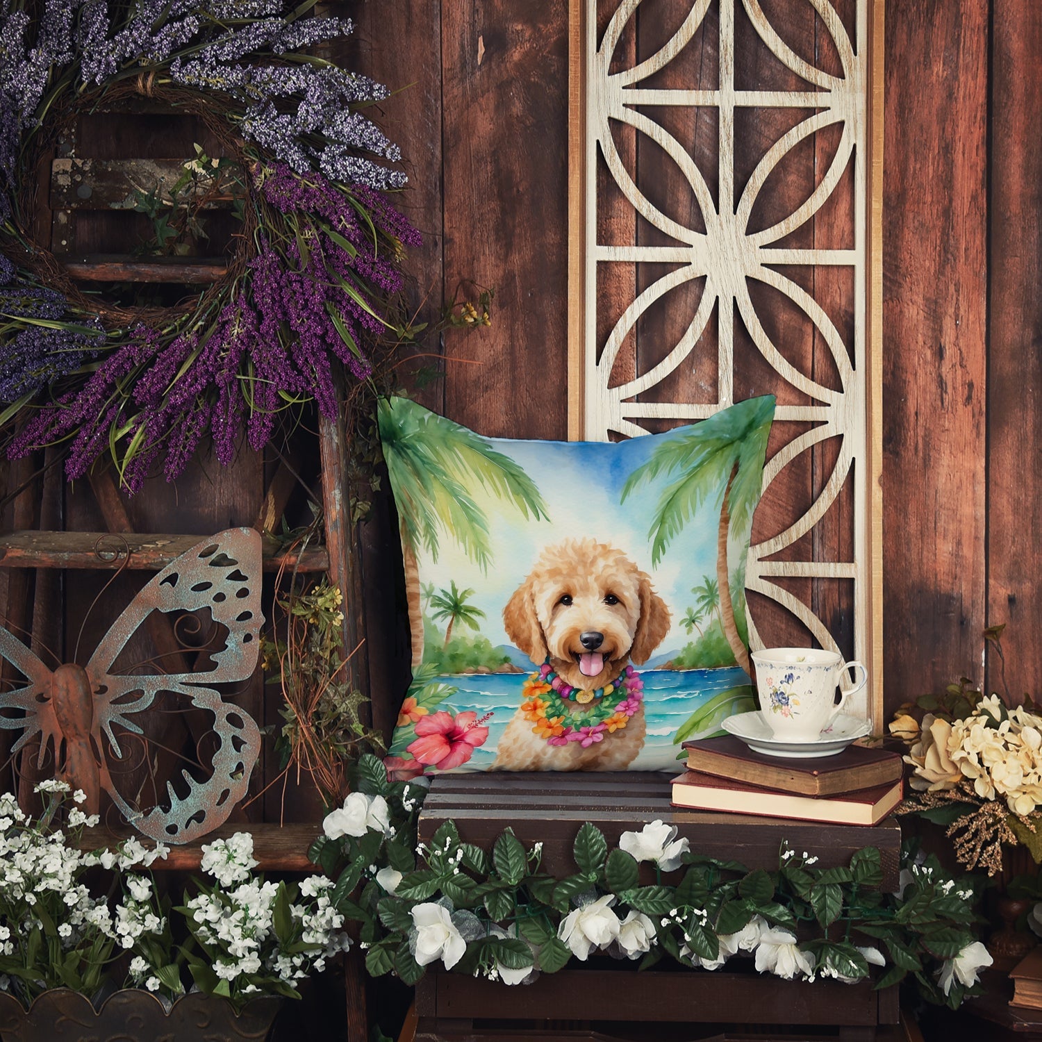 Goldendoodle Luau Decorative Throw Pillow 18x18 Indoor Outdoor Accent Cushion, Fabric Cover with Insert for Sofa, Bed, Porch & Living Room