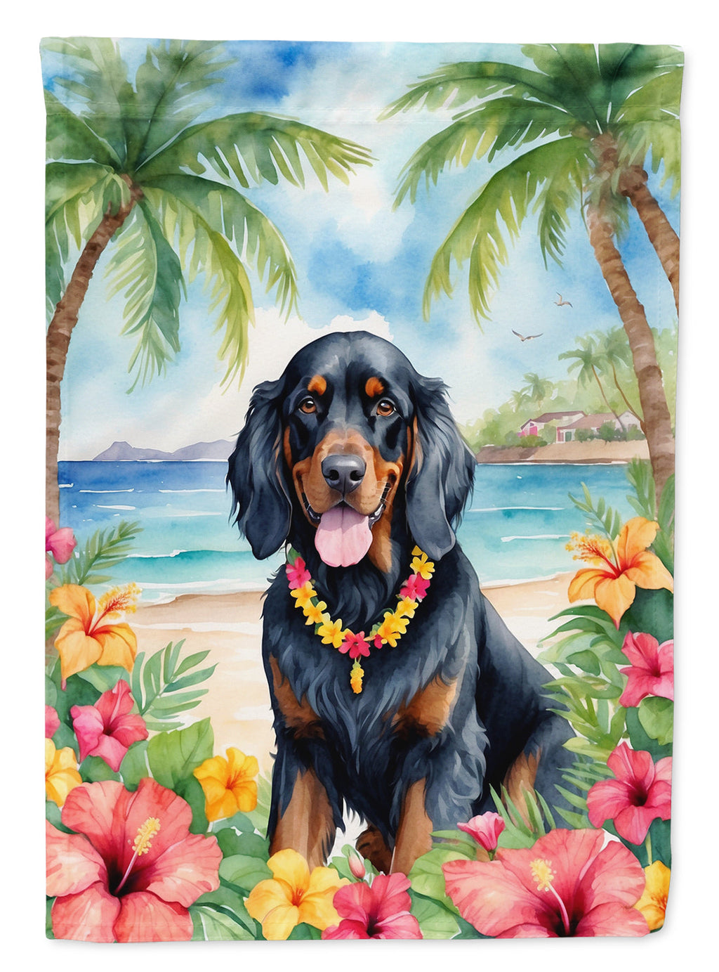 Gordon Setter Luau House Flag 28x40 Porch Sleeve Pole Decorative Outside Yard Banner Artwork Wall Hanging, Polyester