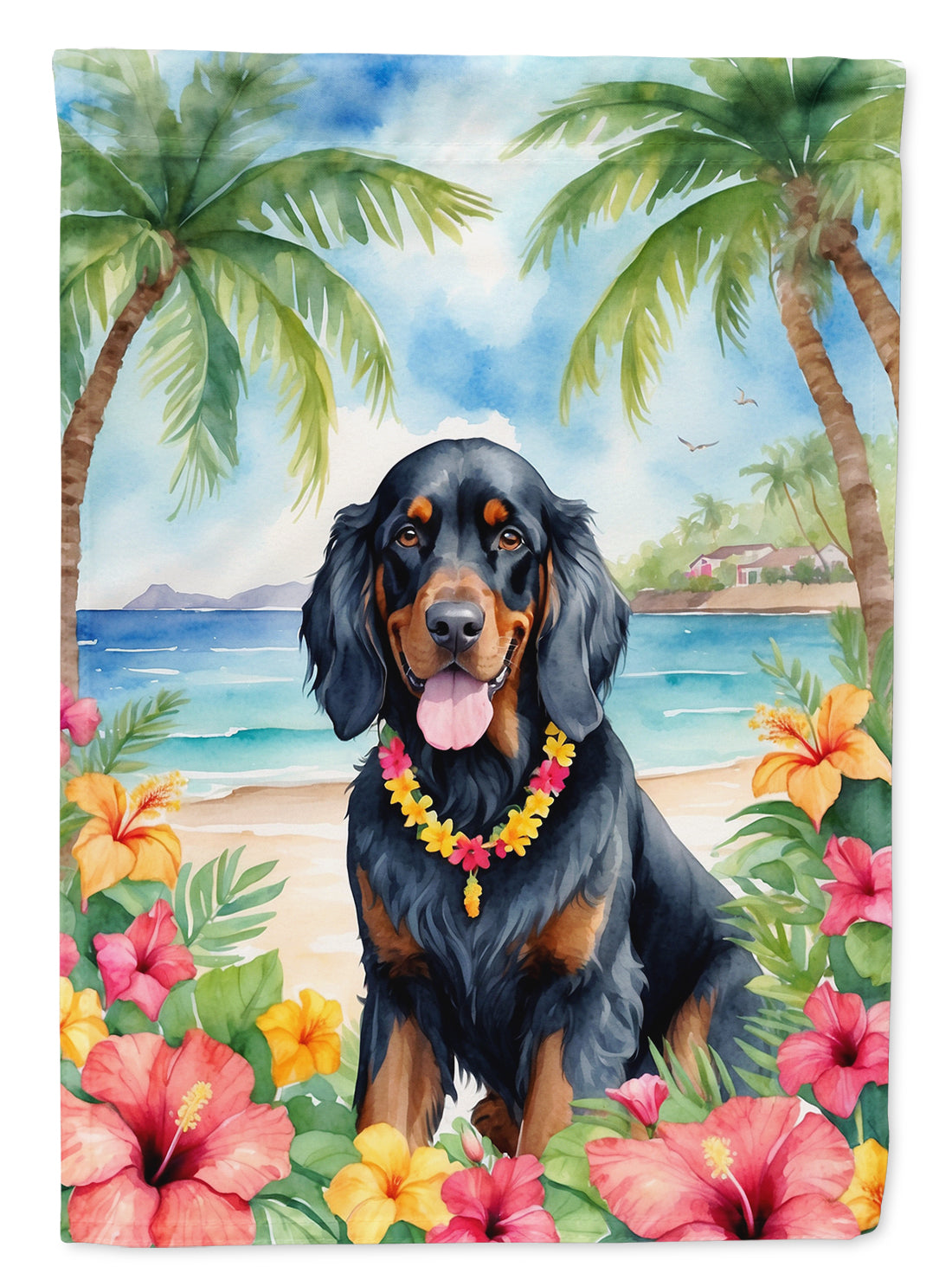 Gordon Setter Luau House Flag 28x40 Porch Sleeve Pole Decorative Outside Yard Banner Artwork Wall Hanging, Polyester