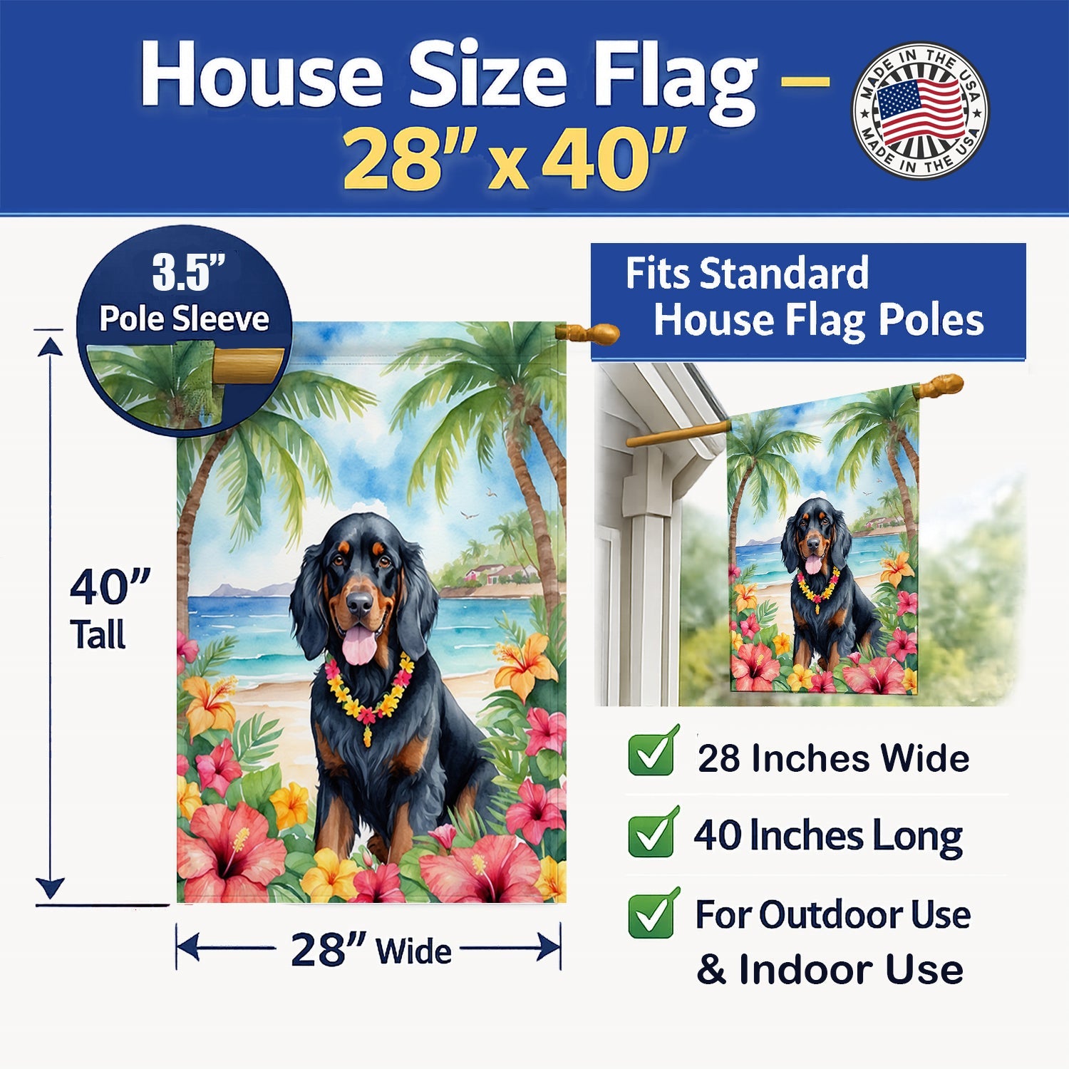Gordon Setter Luau House Flag 28x40 Porch Sleeve Pole Decorative Outside Yard Banner Artwork Wall Hanging, Polyester