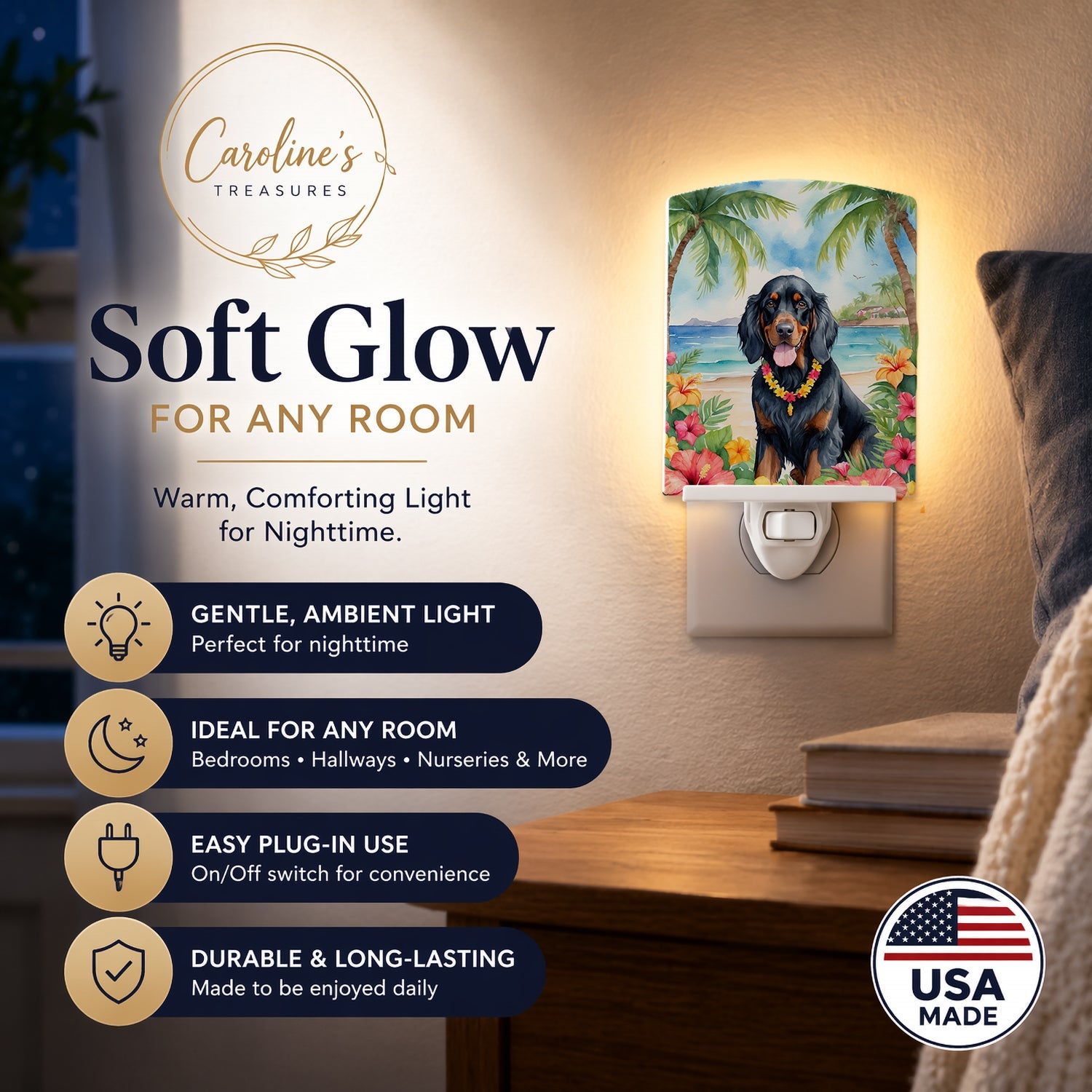 Gordon Setter Luau Ceramic Night Light Compact, UL-Certified, Ideal for Bedroom, Bathroom, Nursery, Hallway, Kitchen, 6x4x3, Multicolor