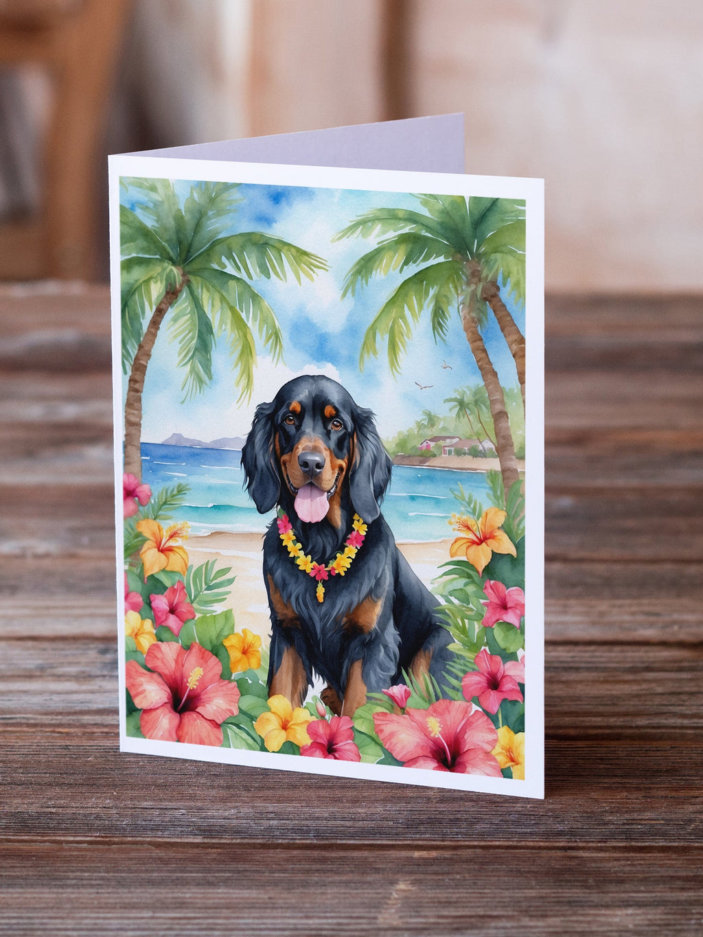 Gordon Setter Luau Greeting Cards Pack of 8 Blank Cards with Envelopes Whimsical A7 Size 5x7