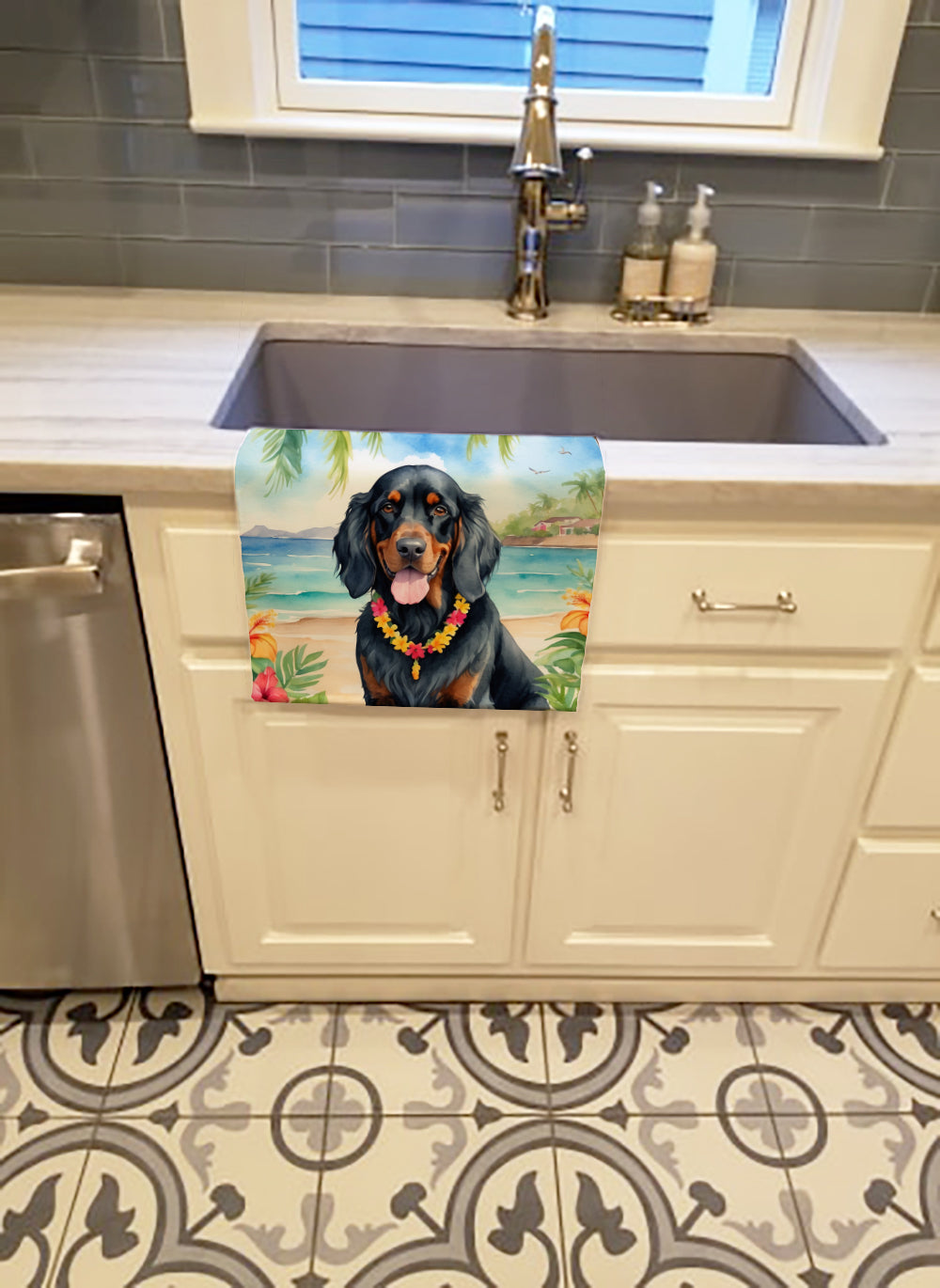 Gordon Setter Luau Kitchen Towel Velour Plush Front and Cotton Loop Back Machine Washable