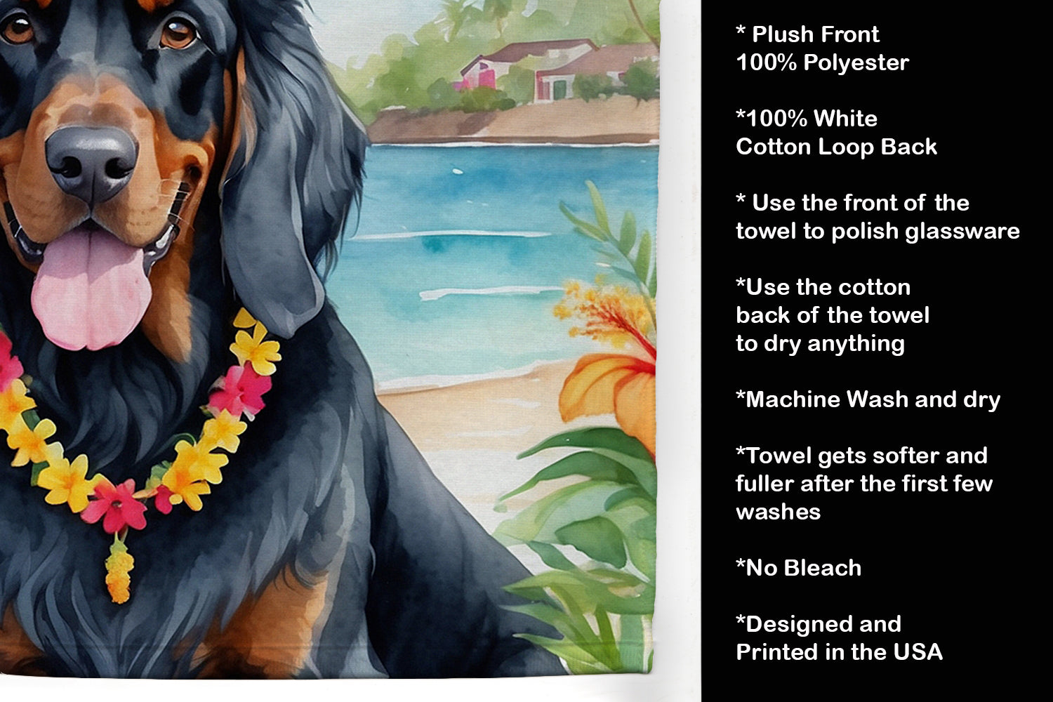 Gordon Setter Luau Kitchen Towel Velour Plush Front and Cotton Loop Back Machine Washable